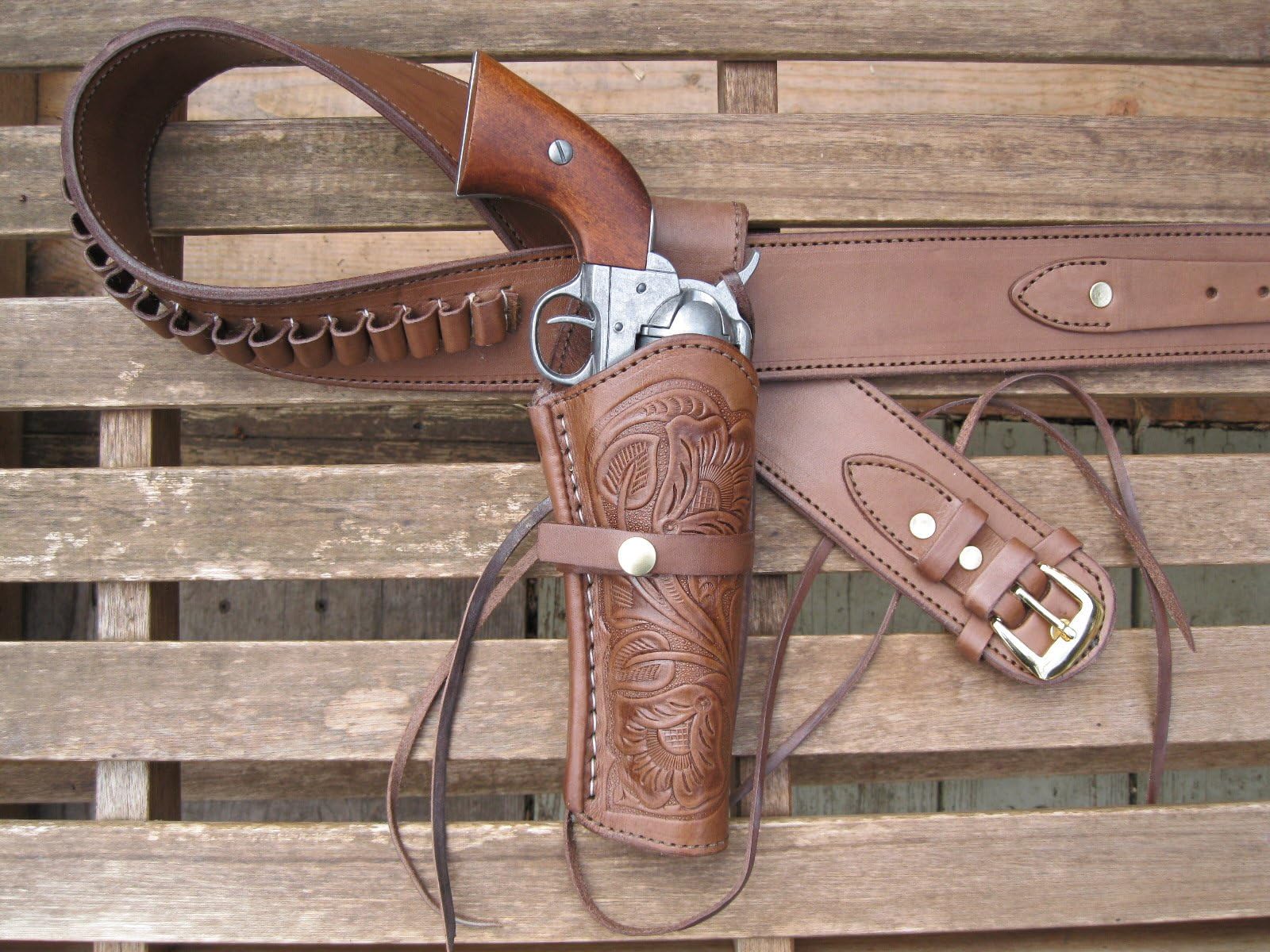 Gun Belt - Brown Color - 45 Caliber Belt with 8" Right Hand Tooled Holster Combo - Leather