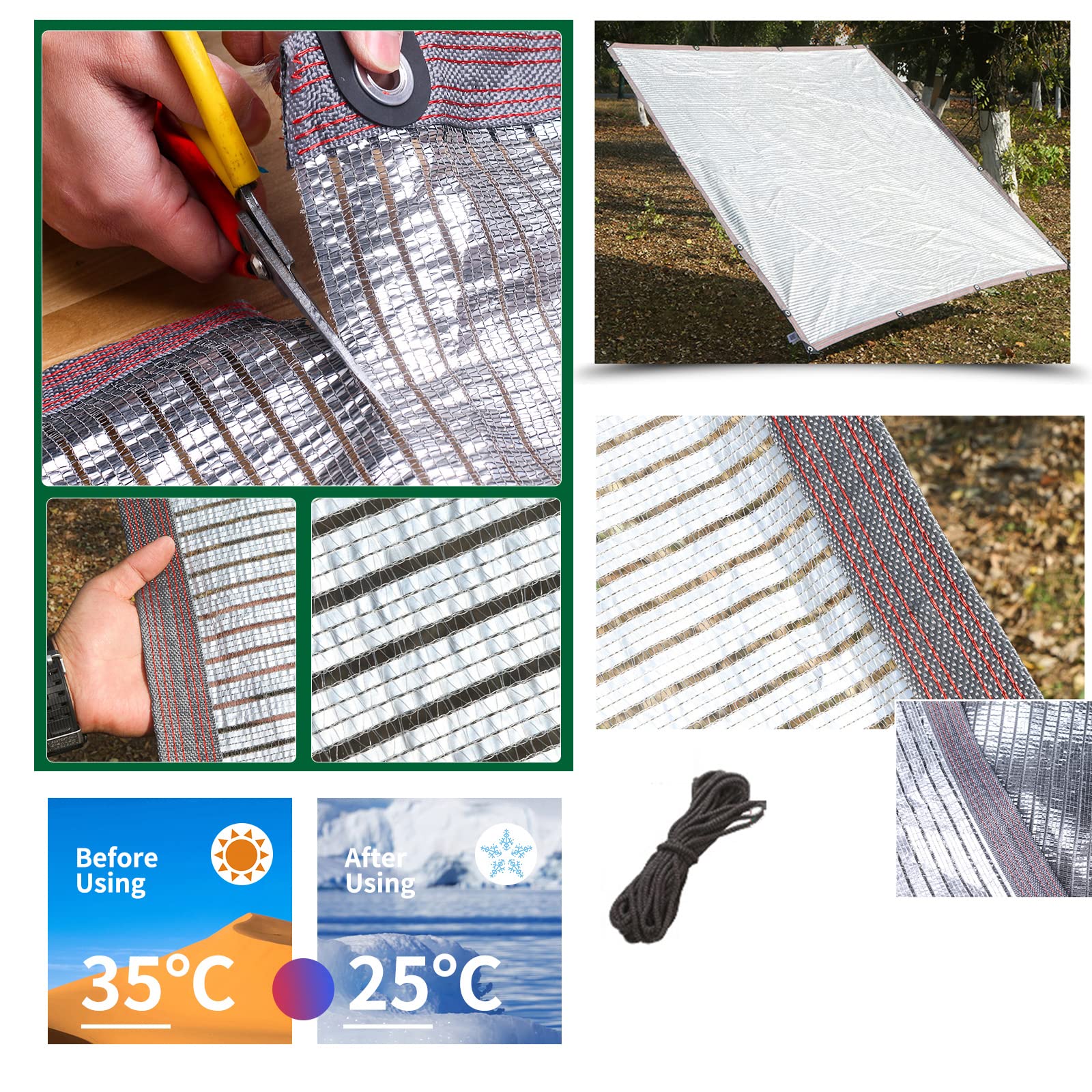 Żagiel przeciwsłoneczny, 75% siatka anty-UV z oczkami, aluminiowa tkanina chroniąca prywatność i zapewnia optymalną izolację termiczną. Idealna do samochodu, balkonu lub dachu.