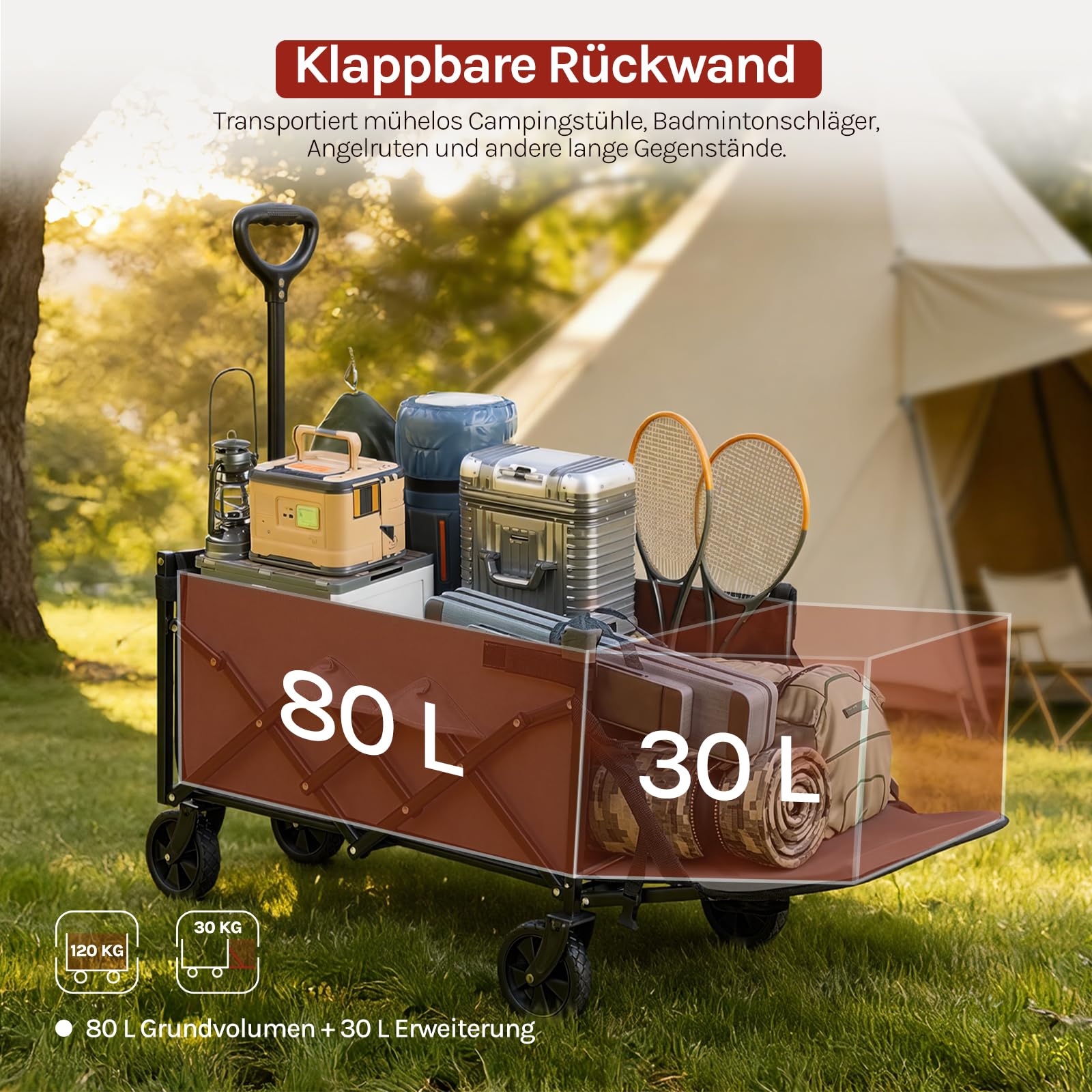 WOLTU Bollerwagen faltbar, 110L + 150kg Tragkraft, Handwagen mit 2 Getränkehaltern, 4 abnehmbaren Rädern, Rückwand klappbar und Griff, für Camping Picknick Einkaufen Strand, Grau
