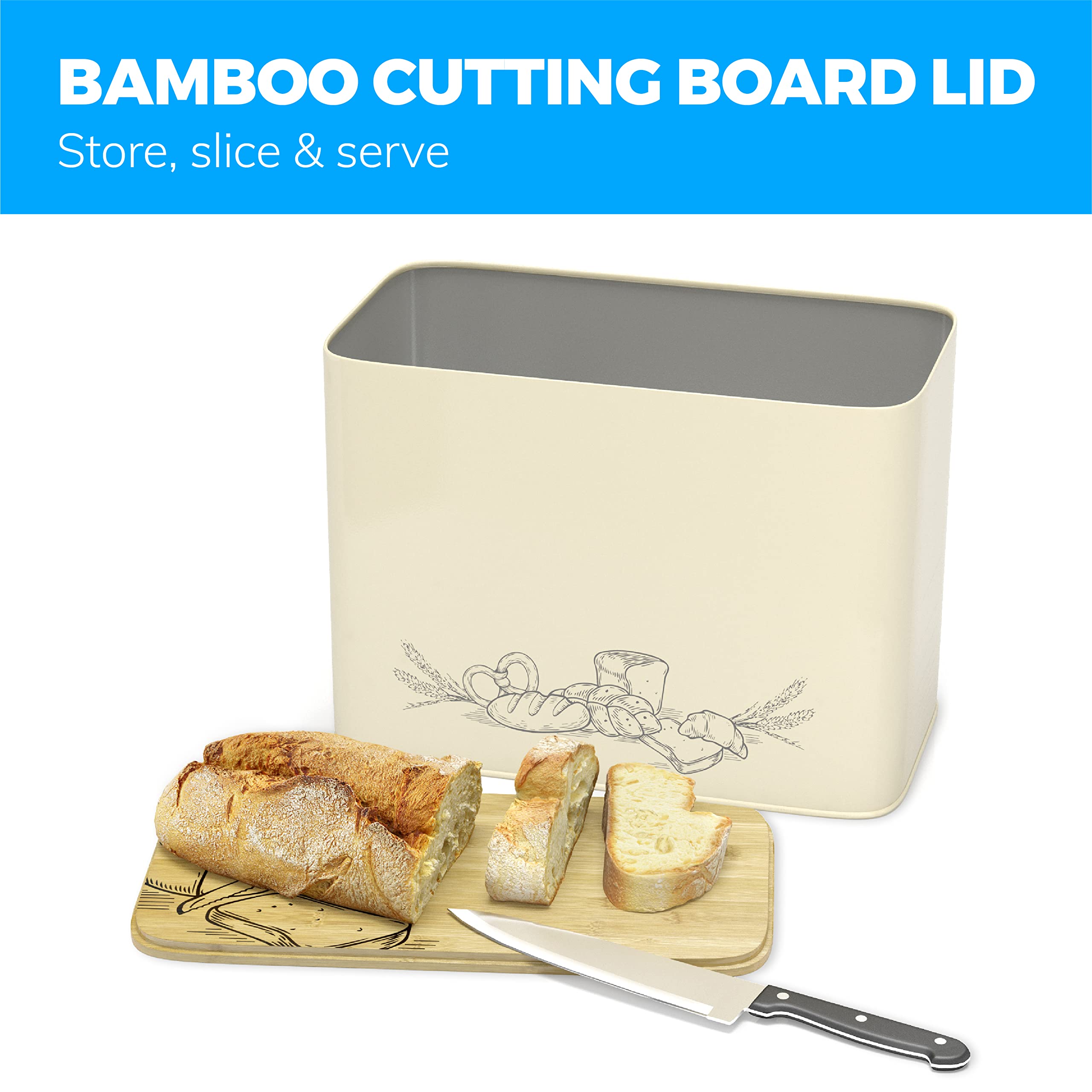 Extra Large Bread Box For Kitchen Countertop with Bamboo Cutting Board Lid Vertical Space