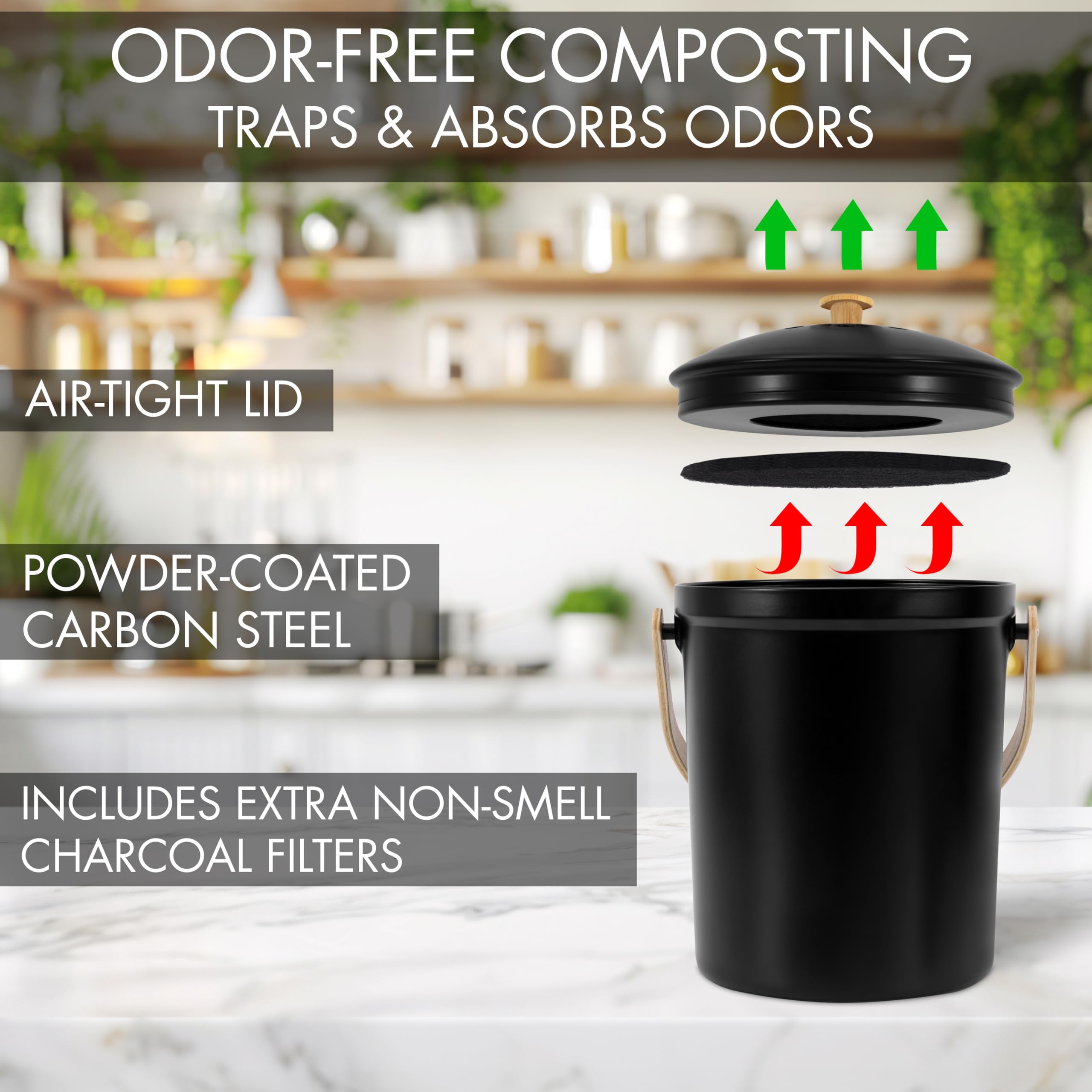 Magnifique bac à compost de cuisine avec couvercle anti-odeurs – Seau à compost antirouille et inodore pour votre plan de travail avec filtres sans odeur – Facile à nettoyer – La poubelle de 3,8 l est