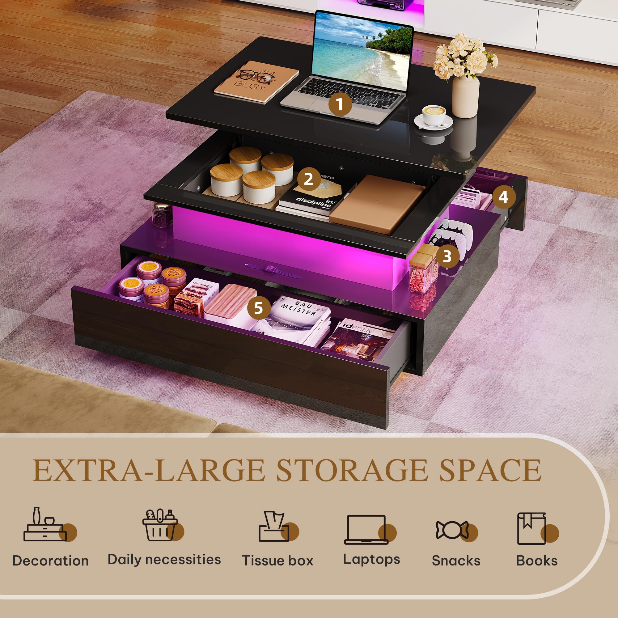 YITAHOME Couchtisch Höhenverstellbar, Wohnzimmertisch Hochglanz mit Hebeplatte,Couch Tisch Wohnzimmer mit 16-Farbiger LED Modern and 2 Schubladen