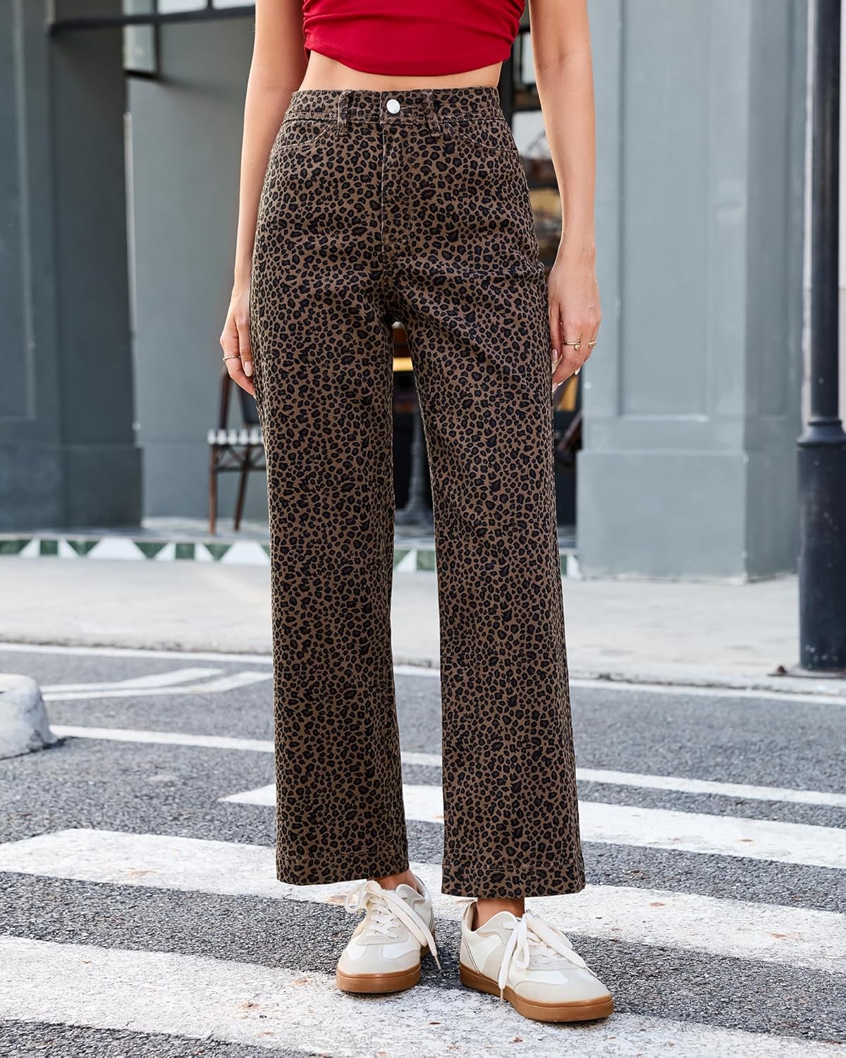 LookbookStore Wide Leg Jeans for Women Trendy High Waisted Stretchy Cheetah Leopard Pants Ankle Length Trouser Jeans - Image 5