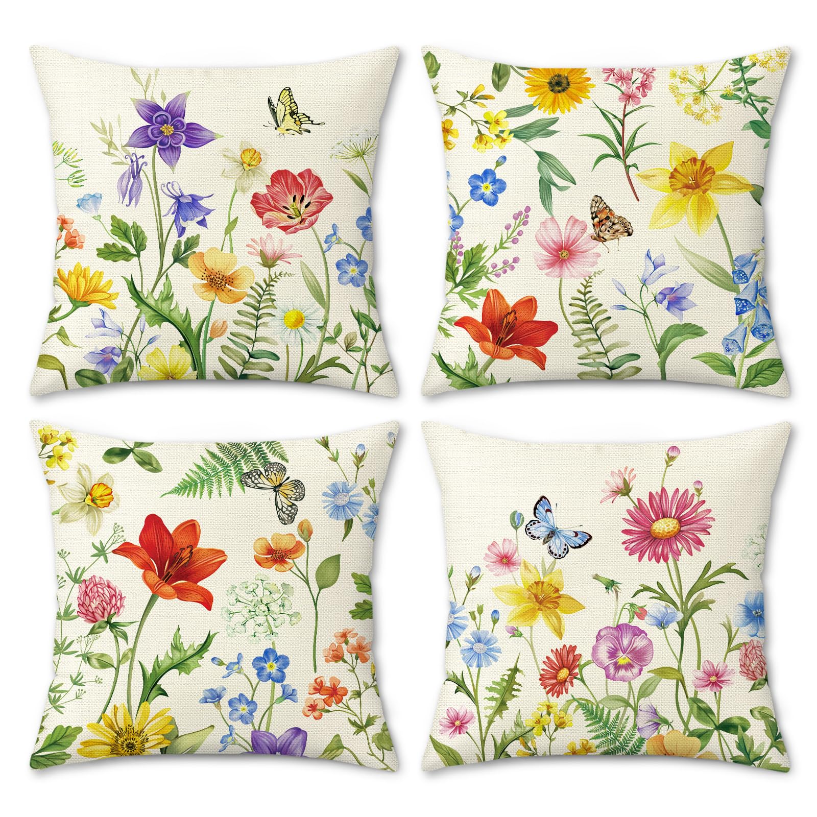 COZZSNUGE Spring Floral Cushion Covers Garden Flower Butterfly Outdoor Farmhouse Polyester Decorative Pillowcases for Sofa Bed Home Patio 45 x 45 cm Set of 4