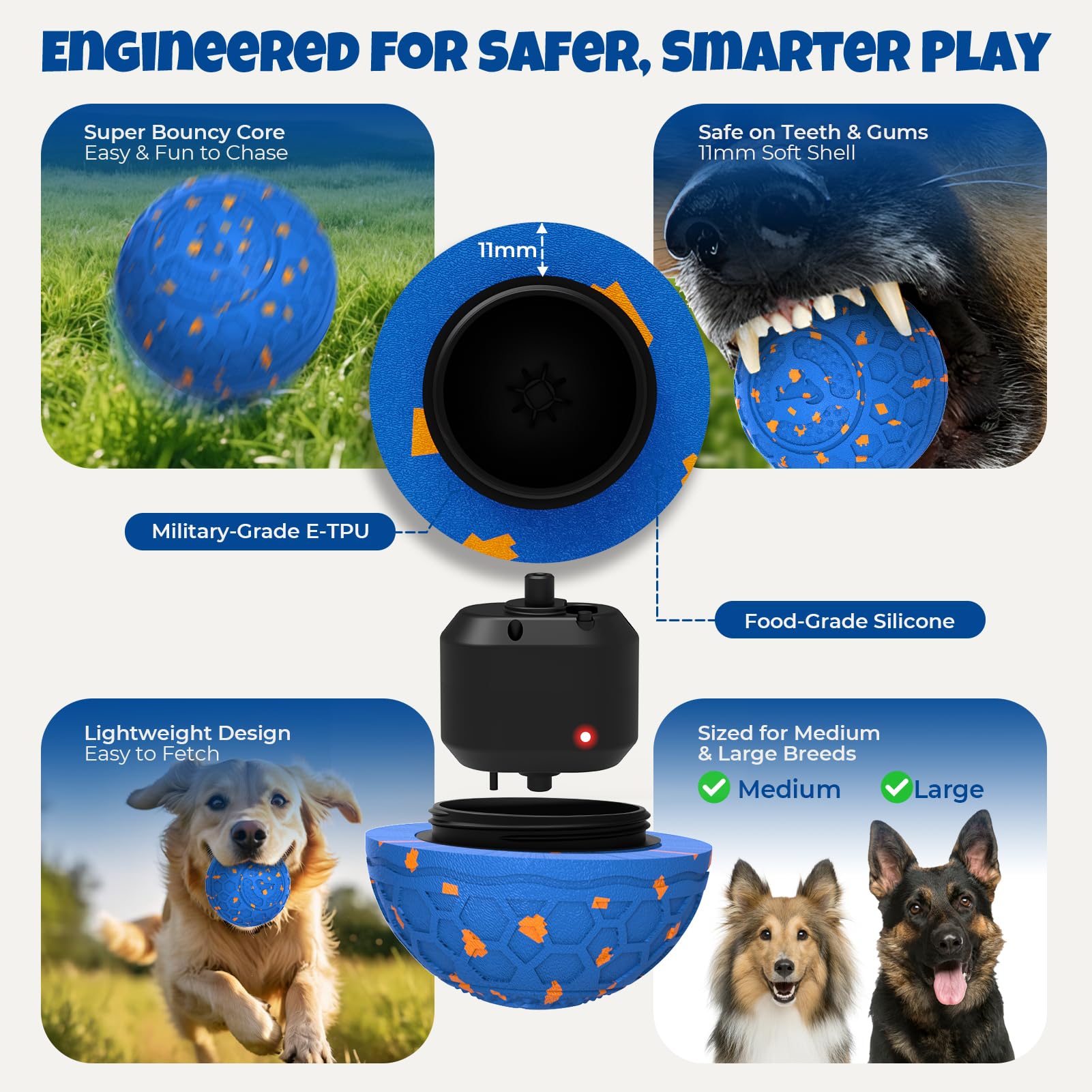Fsitego Balles interactives pour chien : balle interactive à roulement automatique – Jouets interactifs pour chiens à mâcher agressifs – rebondissantes et jetables, rechargeables de type C, lavables