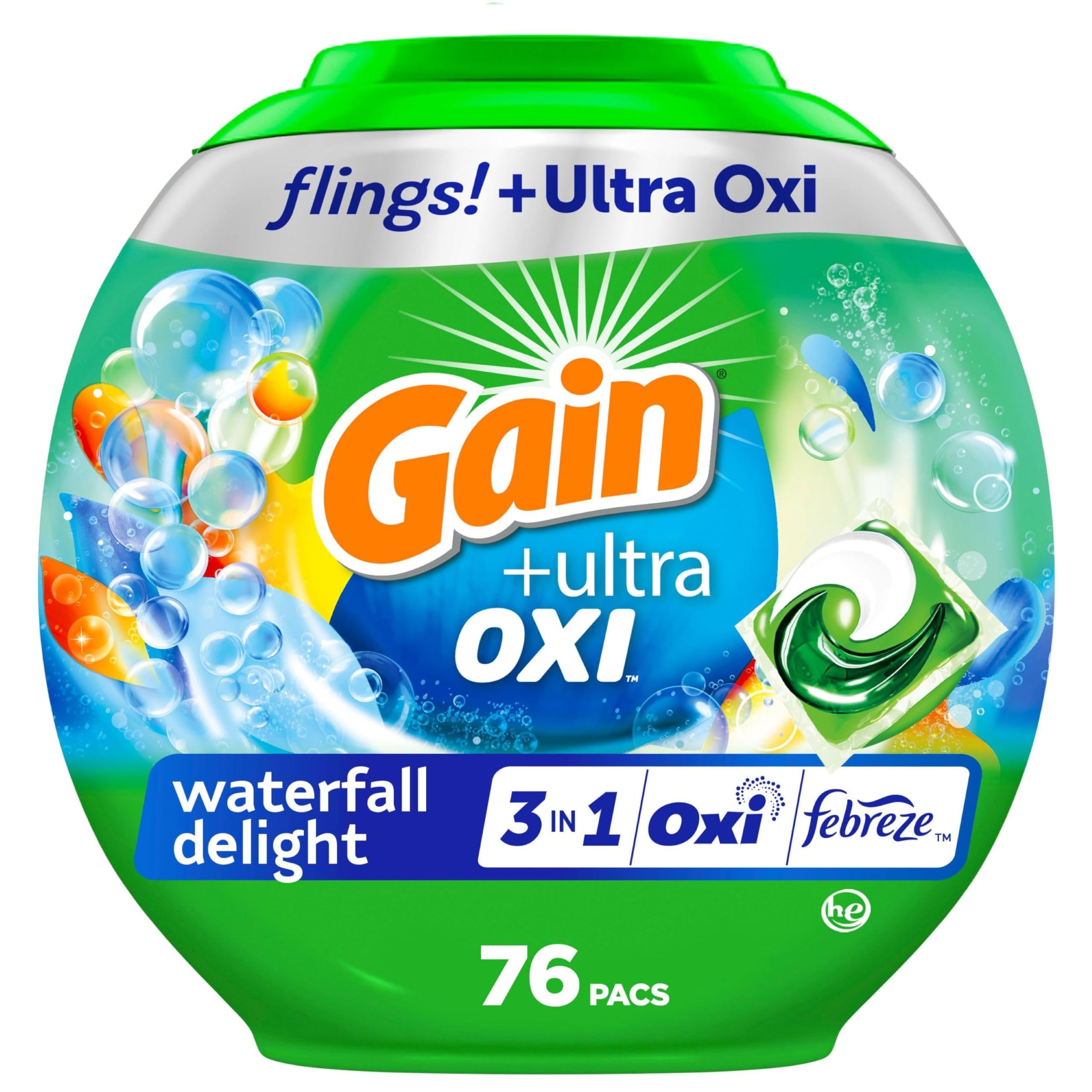 Gain flings Ultra Oxi Laundry Detergent Pacs 3-in-1 HE Compatible, Waterfall Delight Scent, 76 Count