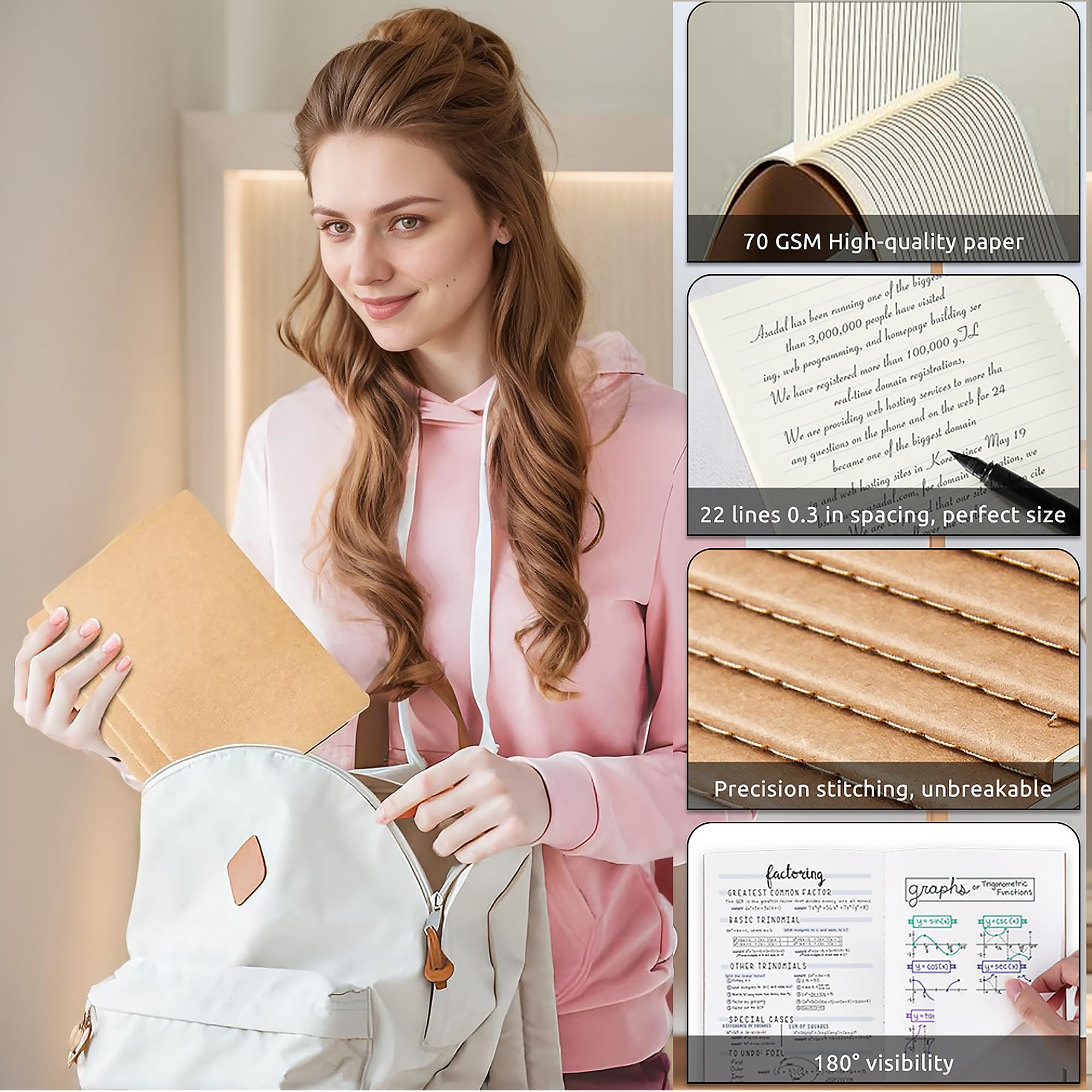 A5-Notizbücher, liniert, 21,1 x 14 cm, Kraftpapier, Tagebücher für den Bürogebrauch, glatte Schreibseiten mit reduziertem Durchlaufen von Tinte, professionelles Design für Geschäftsnotizen