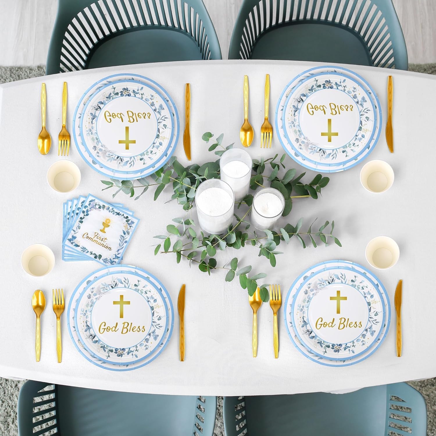 Kochorie 400 Pieces Blue First Communion Decorations, Disposable First Holy Communion Party Tableware Set with Plates Cups Napkins Cutlery Serves 50 for Baby Shower God Bless Baptism Party Supplies