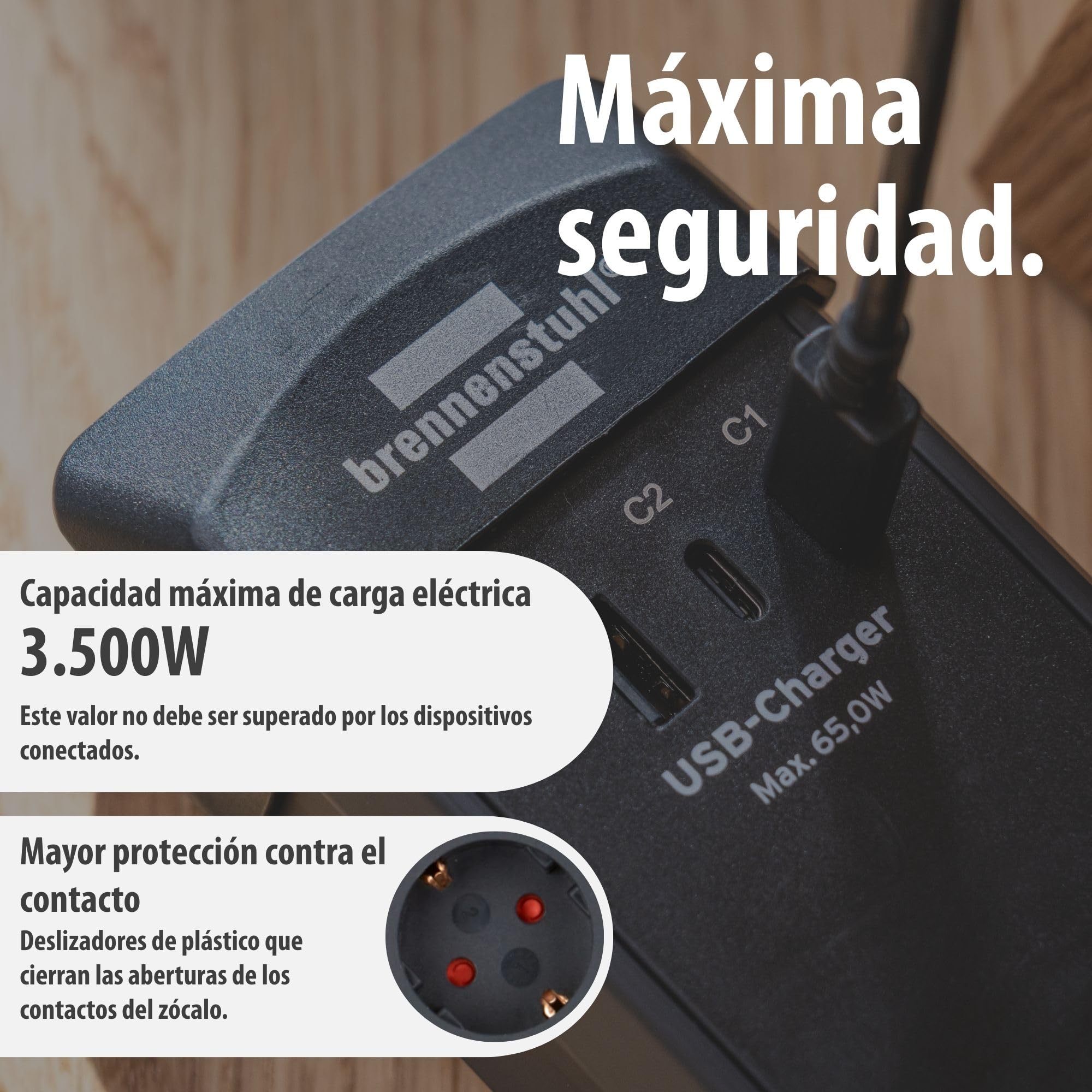 Brennenstuhl Premium-Line regleta de enchufes de 6 vías con 2X USB C PD 65W y USB A 18W (Made in Germany, regleta con Interruptor y Cable de 3m, para Montaje en Pared) Negro