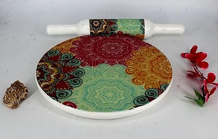 SCHUTCON Printed chakla belan Pure Marble Heavy chakla and a Wooden Polished belan Marble Roti Roller/Chakla Belan/Board/Phulka Maker Flower Chakla,