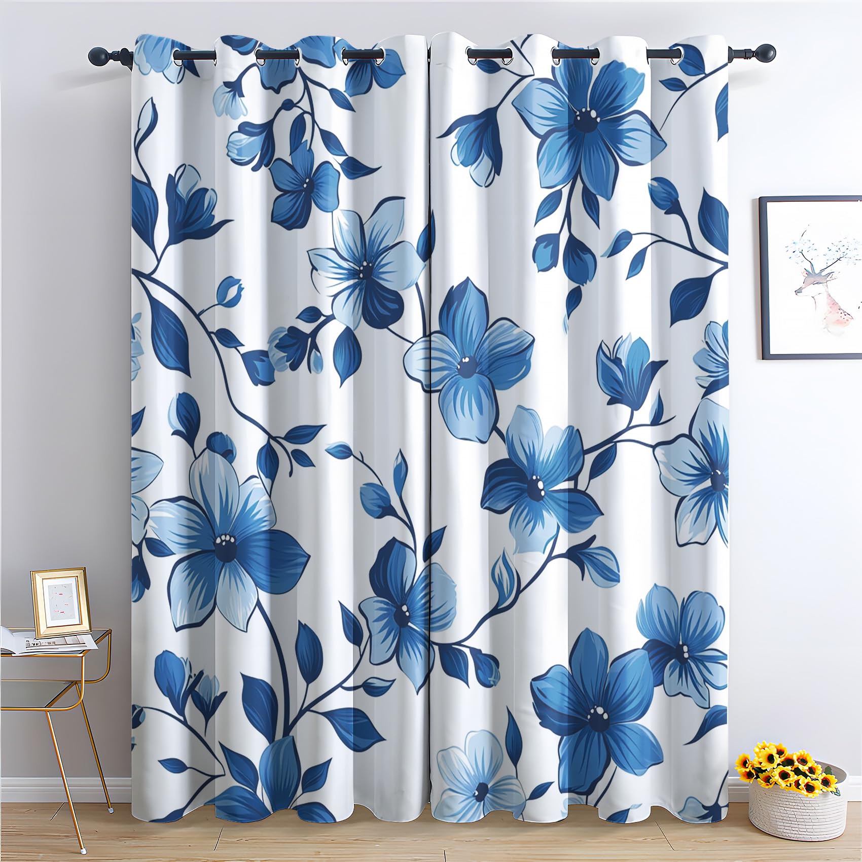 Healbrighting Mantovana Per Finestra Oscurante Con Motivo Floreale Blu E Giallo. Tasca Per Asta, 132 X 45,7 Cm. Perfetta Per Cucina E Camera.