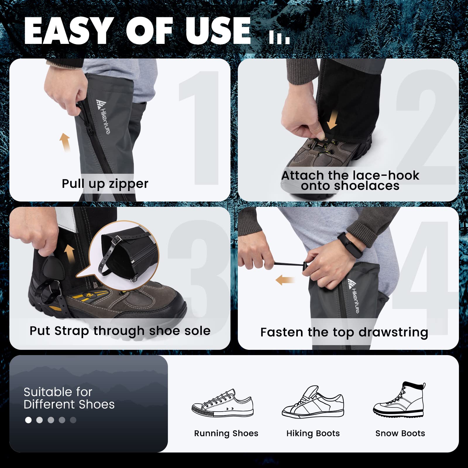 HIKENTURE Ghette per Escursionismo, Caccia, Bicicletta, Ghette da Uomo E Donna, Impermeabili, Ghette per La Protezione di Pantaloni E Scarpe da Neve, Pioggia, Insetti, Gaiters di Neve, Arrampicata