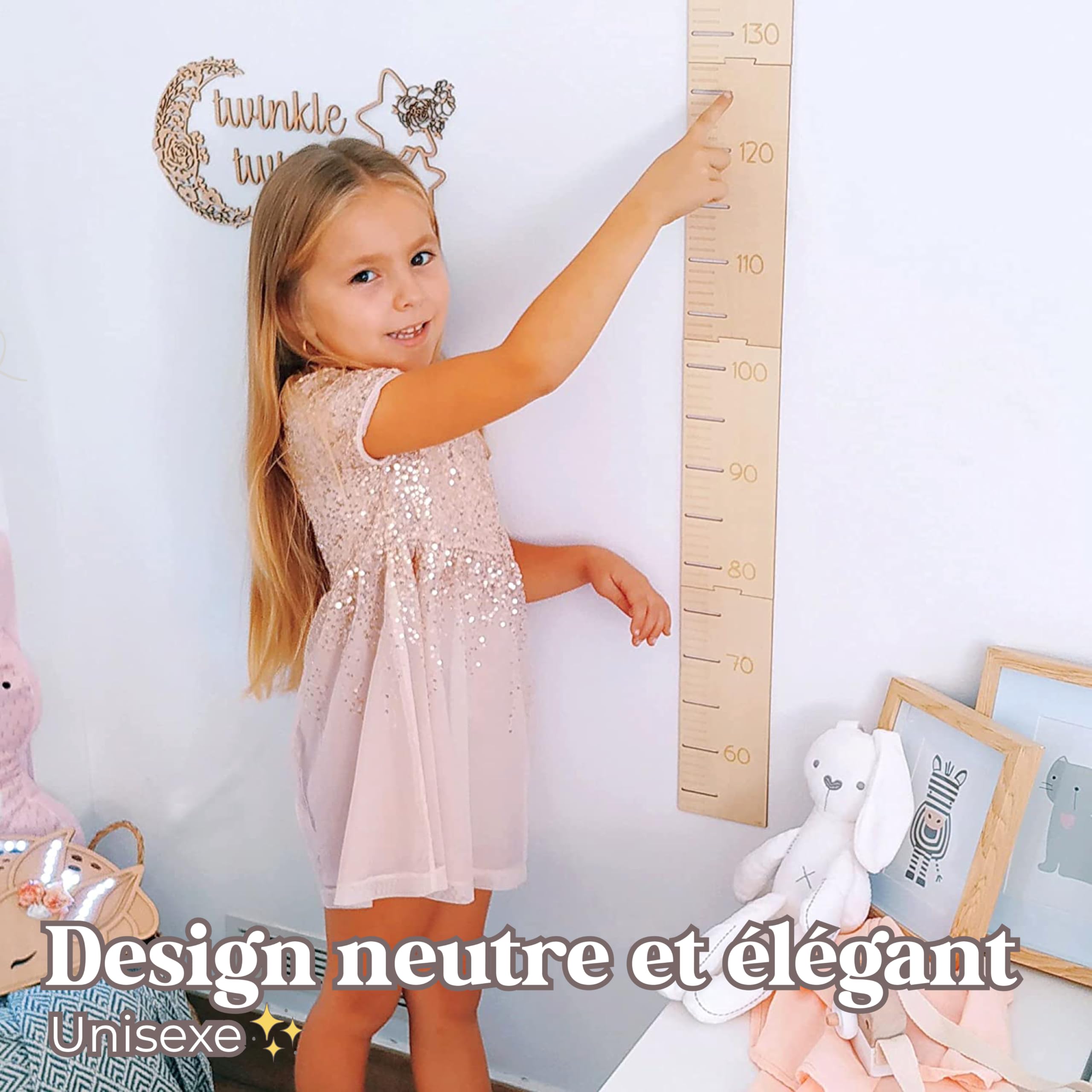nagu® Toise murale enfant pour Decoration chambre bebe. Toise bois avec lettres autocollantes à personnaliser avec votre nom. Mesure taille