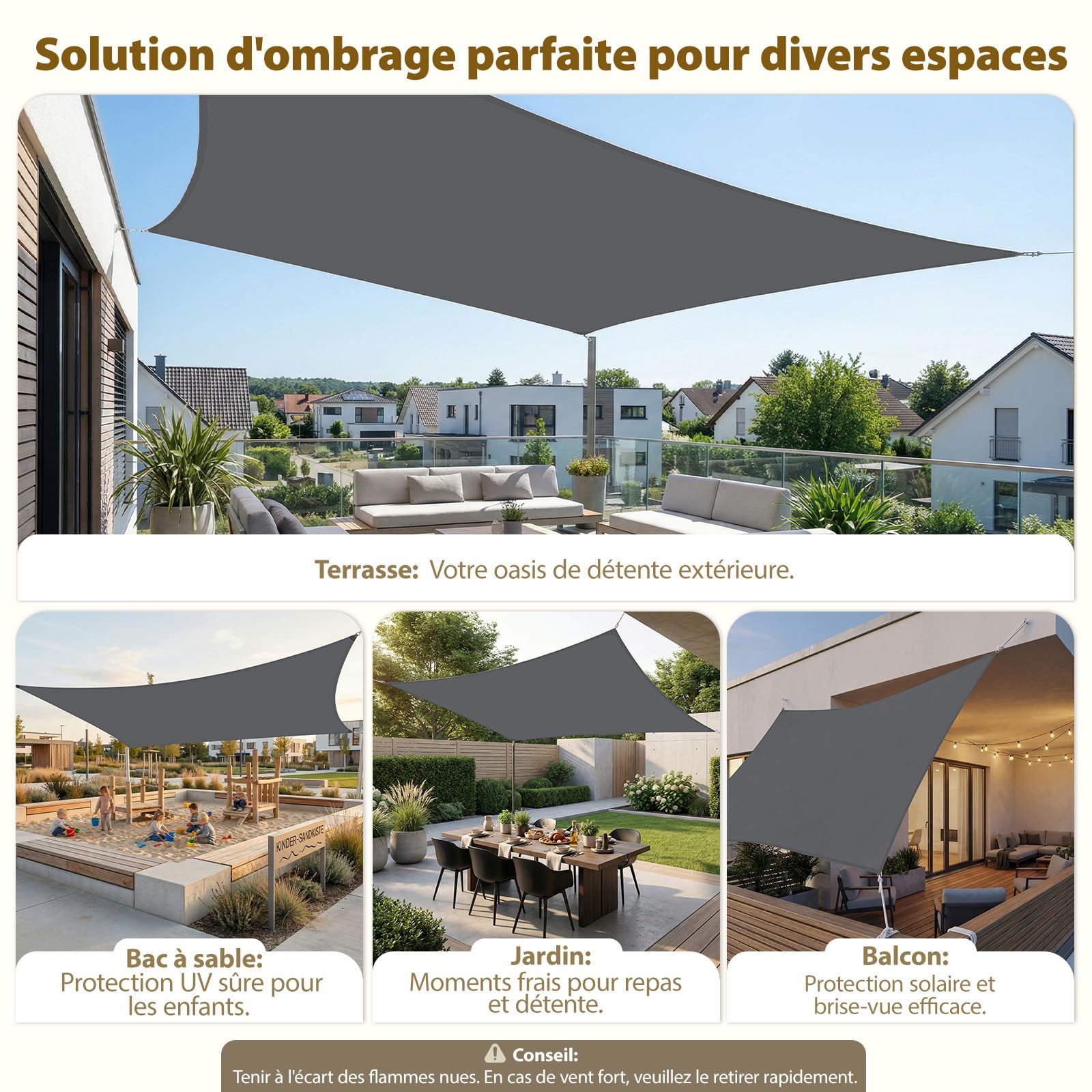 Sekey Voile d'ombrage Rectangulaire 2x3m Imperméable – sans Couture, PES 160g/m² Haute Densité, Anneaux Acier INOX, Effet Lotus, Résistant Déchirures & UV 95%, pour Balcon Terrasse Jardin, Anthracite