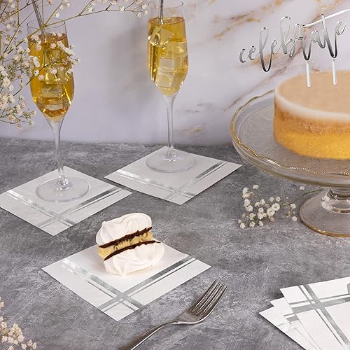 Miniatura 4 de Servilletas de cóctel plateadas sobre blanco, paquete de 100, 5 x 5 pulgadas, papel de 3 capas, nombre del estilo Blissful Crossing