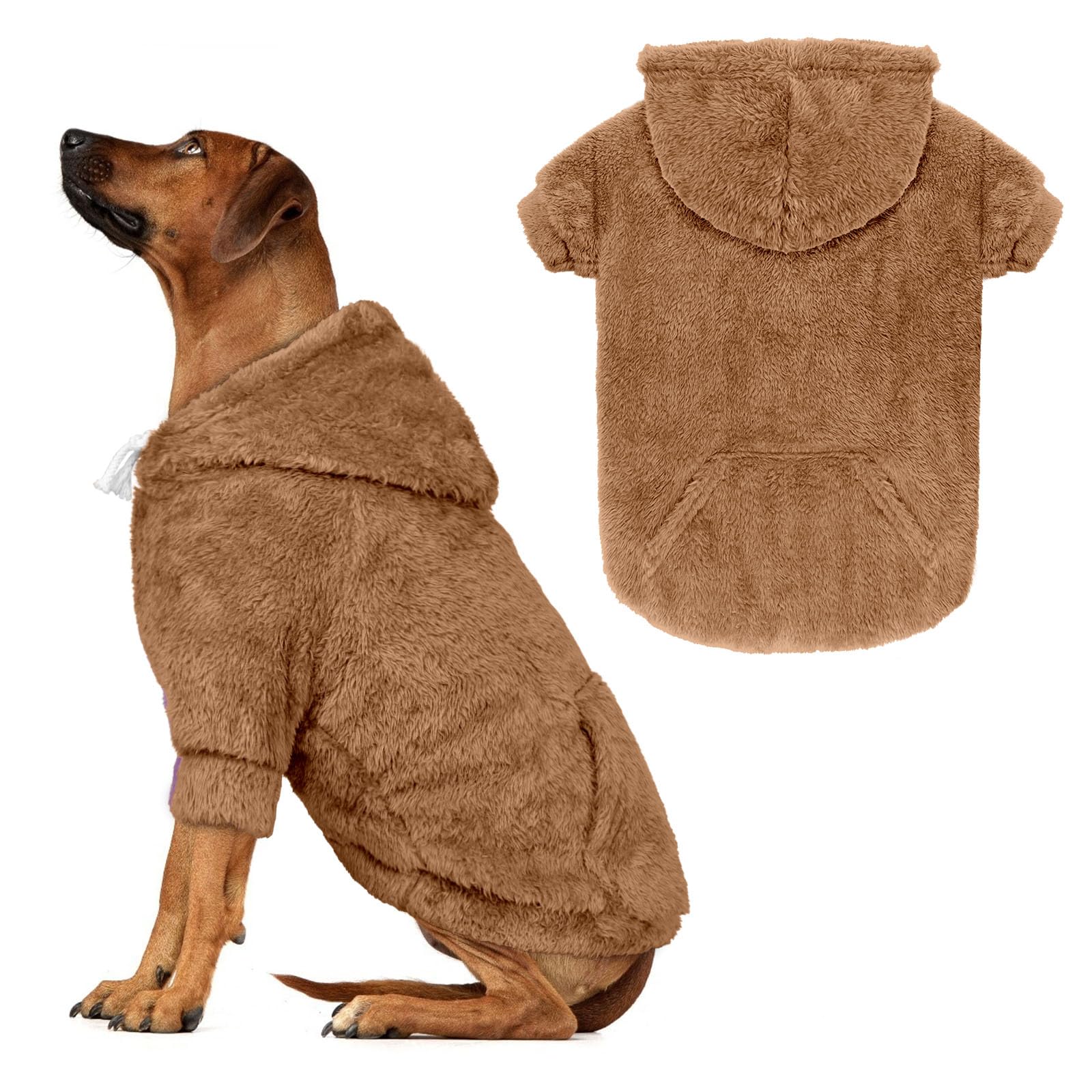 4XL Dog Sweaters for Large Dogs,Dog Hoodie,Warm Fuzzy Fleece Sweatshirt with Hood & Pocket,Leash Hole,Cozy Cold Weather Pet Clothes Sweater Hoodie for Large Dogs(Coffee,4XL)