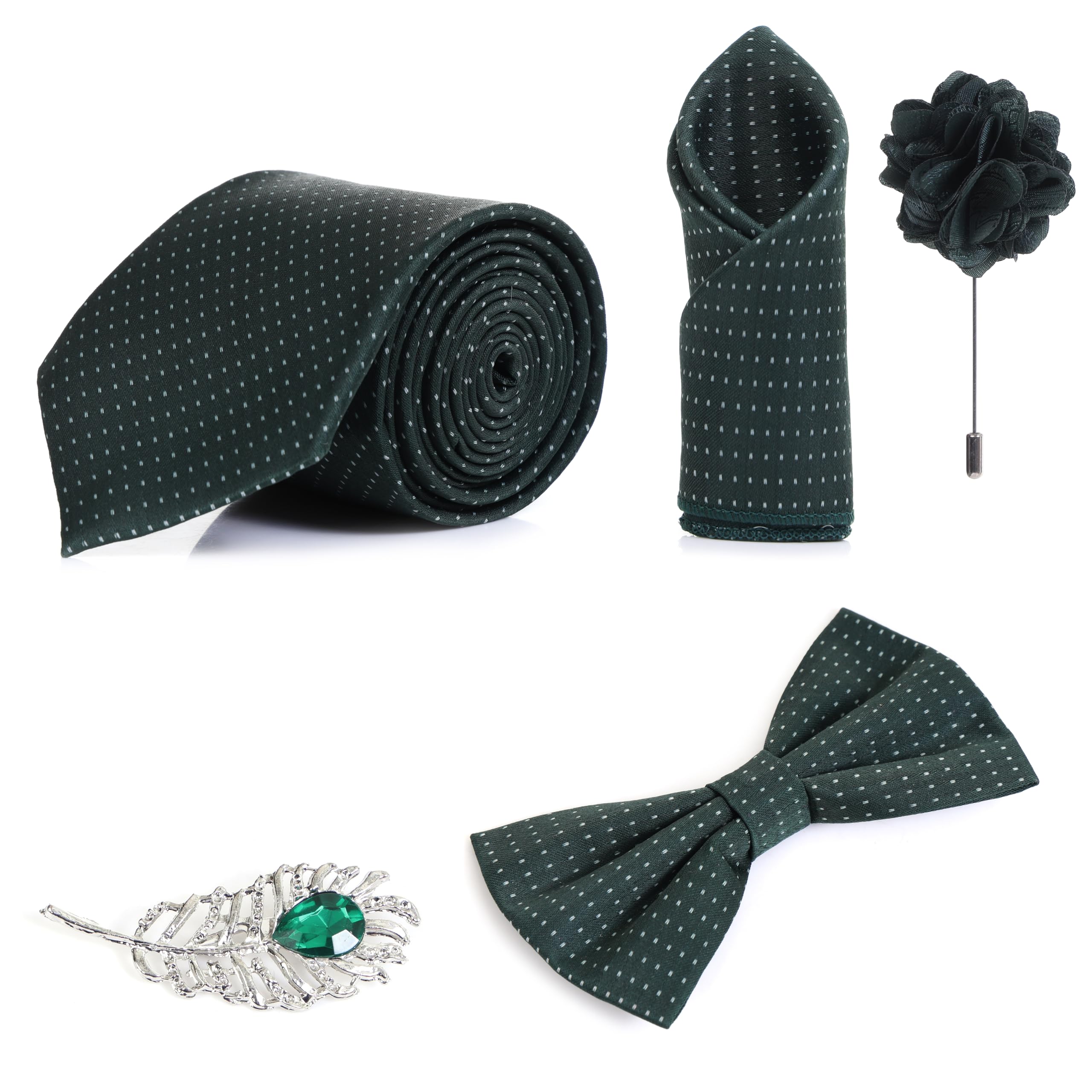 Random Stripe Necktie Set With Bow Tie Pocket Square Lapel Flowar & Lapel Brooch (Pack Of 5 items)