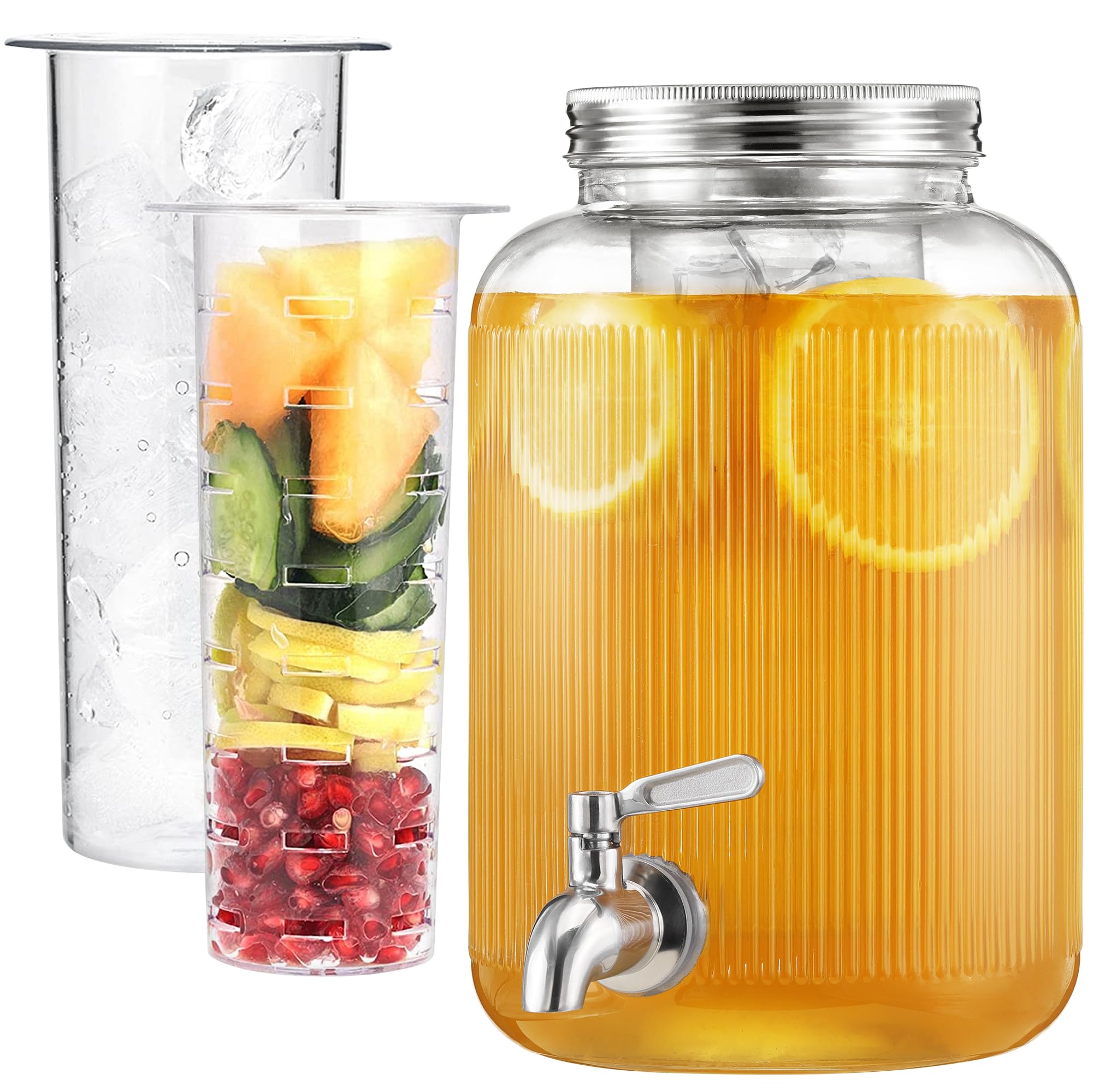 Navaris Glass Drink Dispenser with Tap 4L (1 gal) Ripple Design Beverage  Dispenser with Ice Insert Fruit Infuser for Cold Brew Coffee, Cocktails