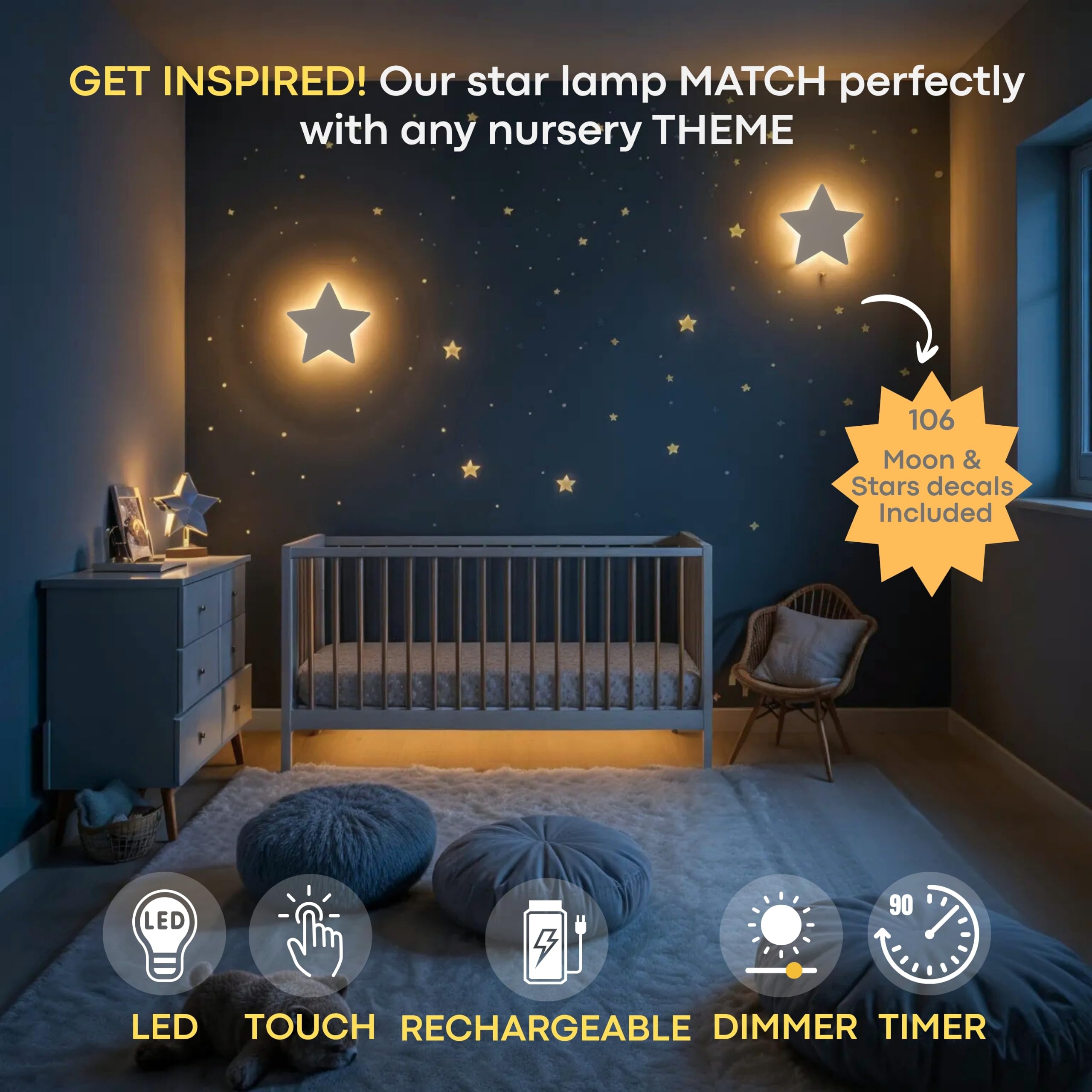 KALEOLI Lámpara de pared de estrella para guardería, luz nocturna suave para recién nacidos y niños pequeños, recargable y regulable (calcomanías de luna y estrella incluidas)