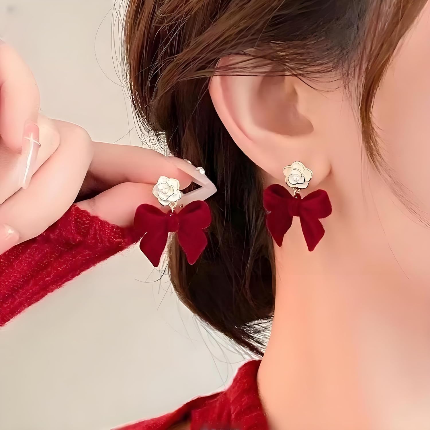Red Bows Earrings for Women Christmas Pearl Bow Earrings Red Bow Earring Pearl Bowknot Drop Earring Xmas Holiday Christmas Jewelry - Image 2