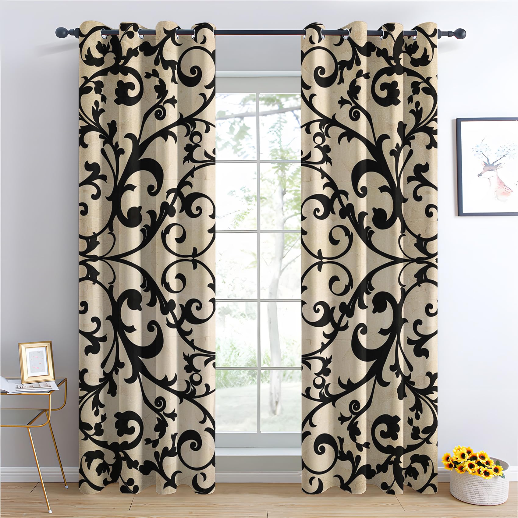 Rideaux Occultant Vintage, Rideau Isolant Thermique pour Salon Chambre, Rideaux Motif Ethnique, Lot de 2 Rideaux Opaque à Oeillets 140x240cm LxH