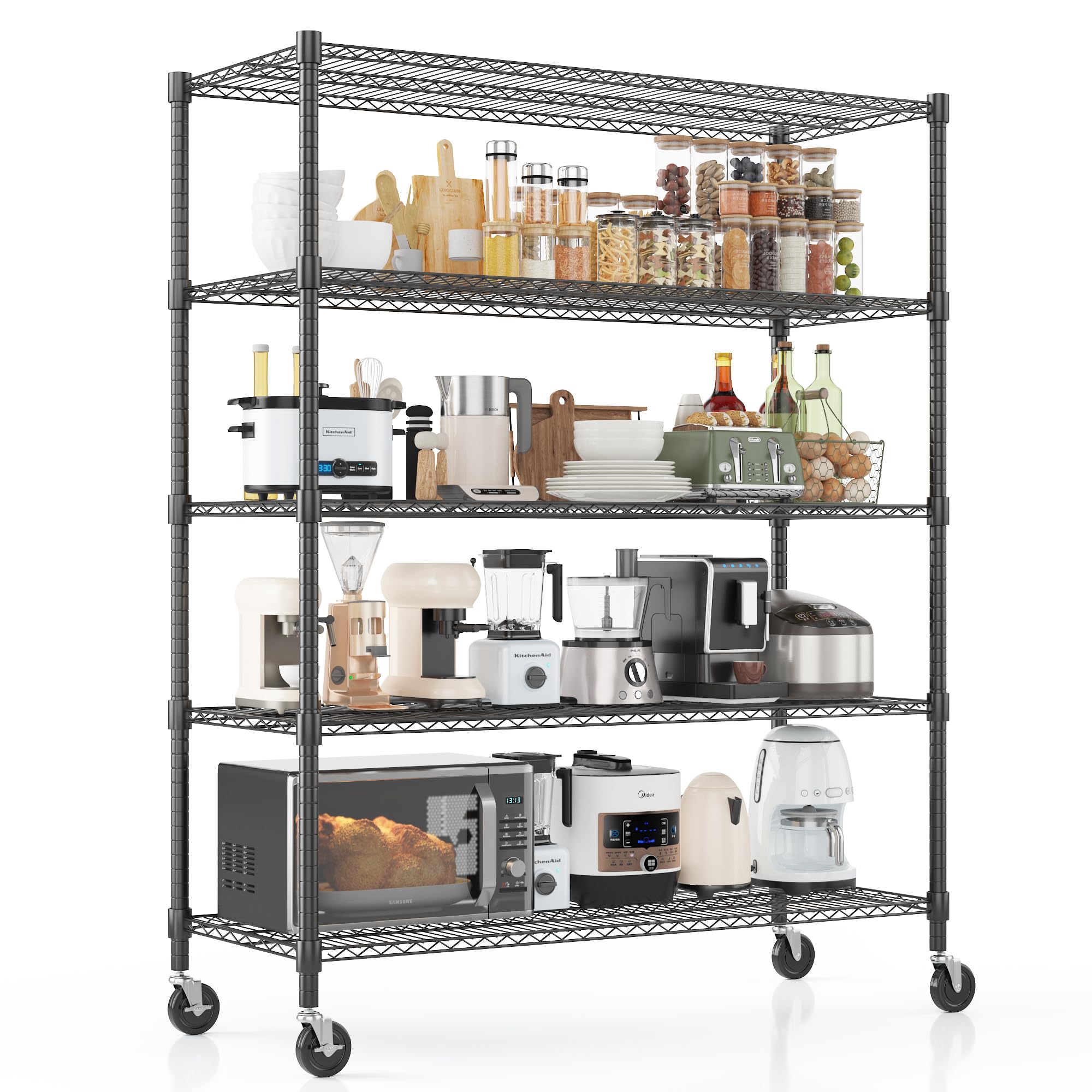 Homdox Heavy Duty Storage Shelves, 5 Tier Wire Shelving Unit with Wheels, Commercial Adjustable Metal Shelves for Storage, Garage Rack Pantry Shelves Kitchen Shelving, 18