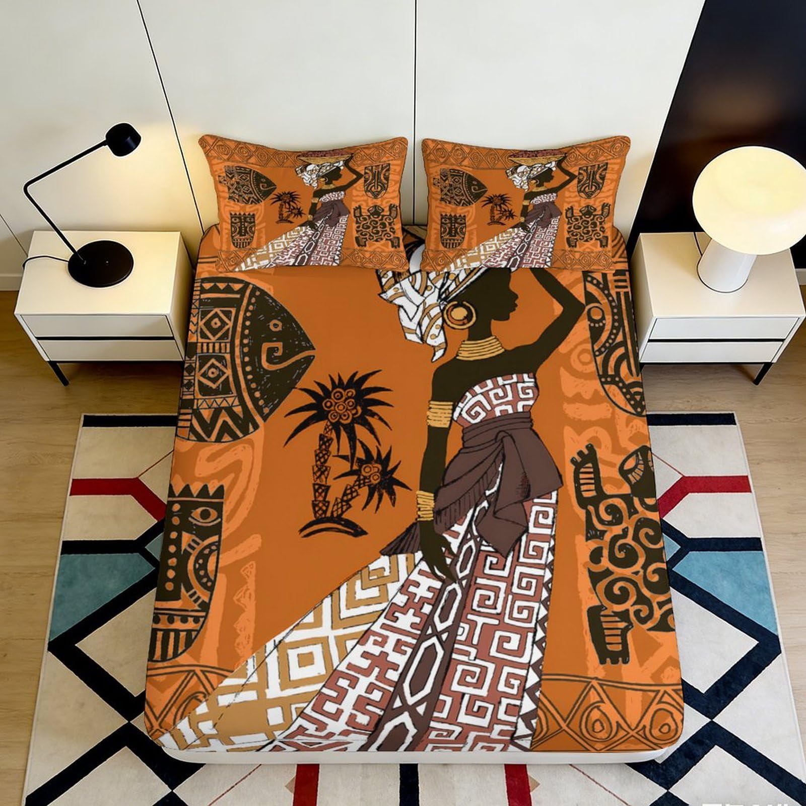 3D Printed African Woman Art Fitted Sheet Microfiber Soft Ethnic Tribal Pattern Mattress Cover Bedroom Decor 200x200x25cm