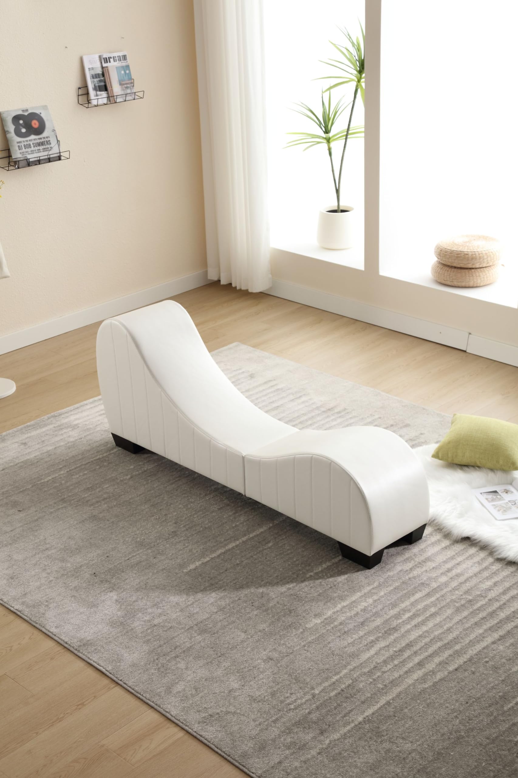 Factory Direct Yoga Chaise Lounge Collection for Stretching & Relaxation Modern Faux Leather Curved Sofa, Modern Faux Leather Curved Sofa, Living Room Bedroom Accent,White