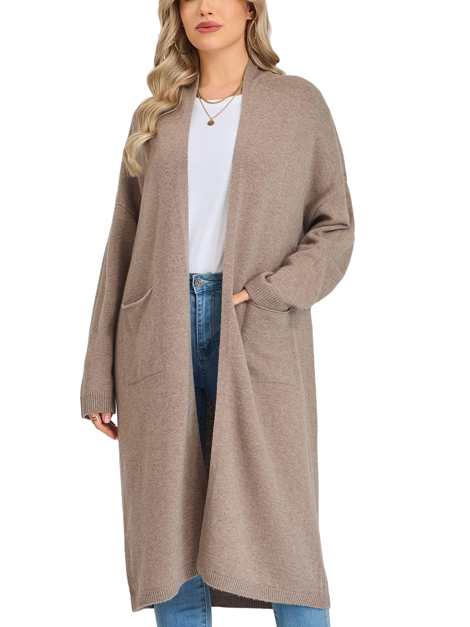 Women's Long Cardigan - 100% Merino Wool Cozy Open Knit Coat with Side Pockets - S - Melange Camel