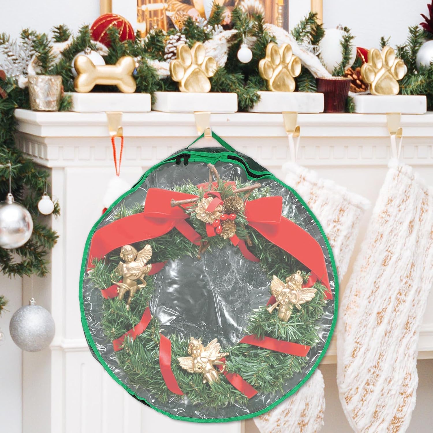 SHINEOFI Christmas Wreath Storage Bag 30cm Round Window Wreath Holder Foldable Garland Container for Holiday Decoration Storage