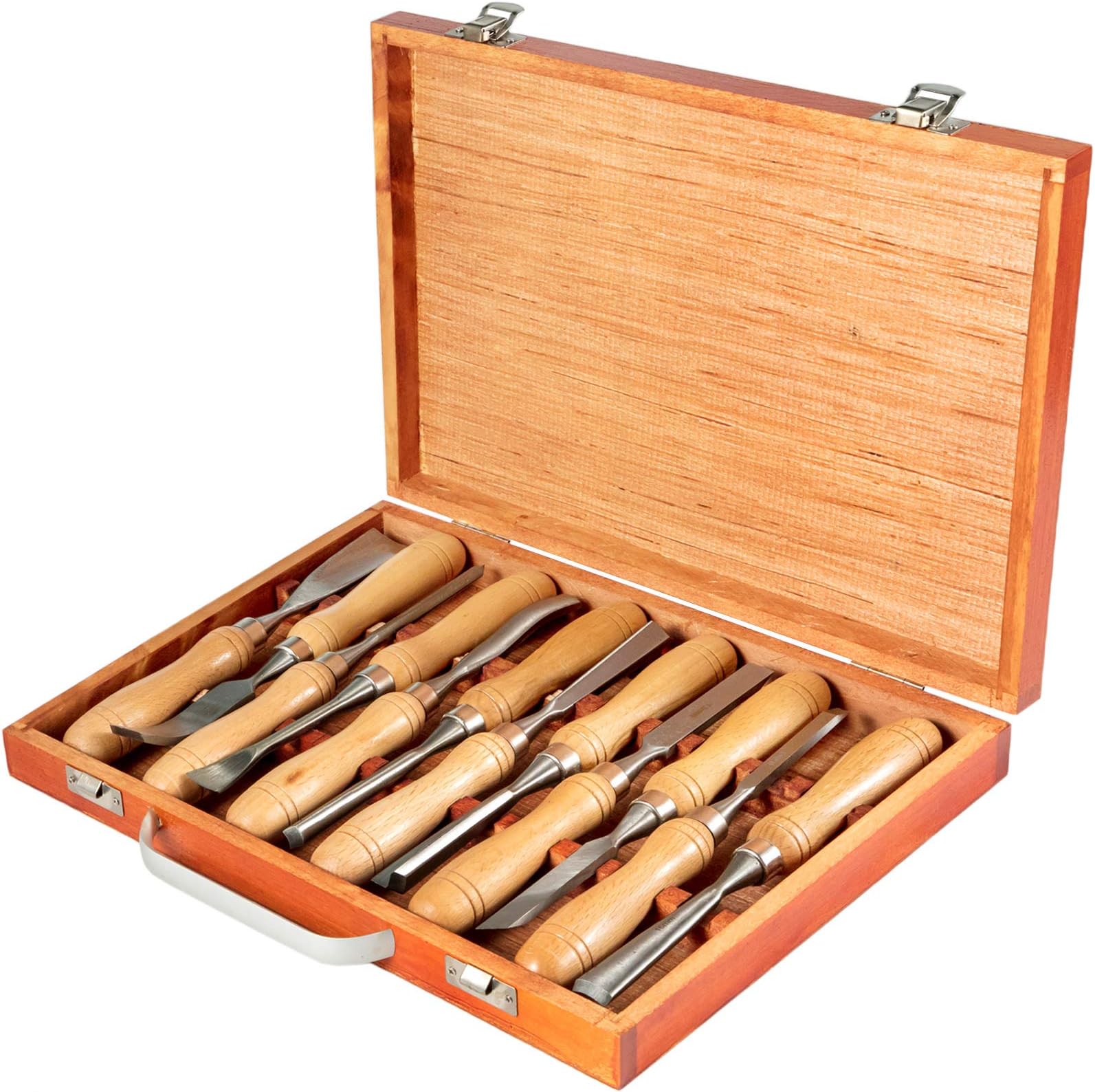VEVOR Wood Chisel Sets 12pcs，Carving Hand Chisel 3-3/4Inch Blade Length with Red Eucalyptus Handle,Wood Tool Box