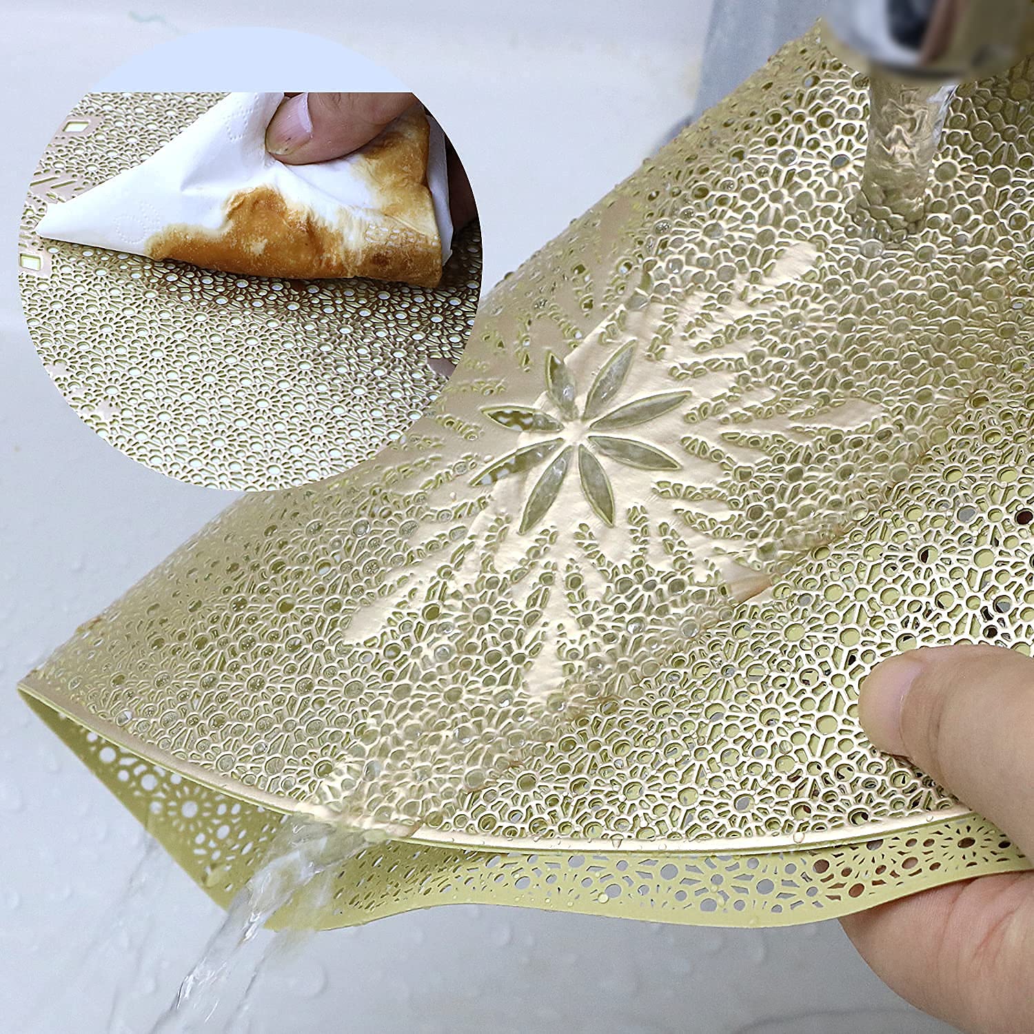 Christmas Round Gold Placemats of 6 for Dining Table Mats Set Wipeable Snowflake Placemats for Kitchen Table Plastic Soft PVC Place Mats Durable Heat Resistant Non-Slip Washable Table Mats