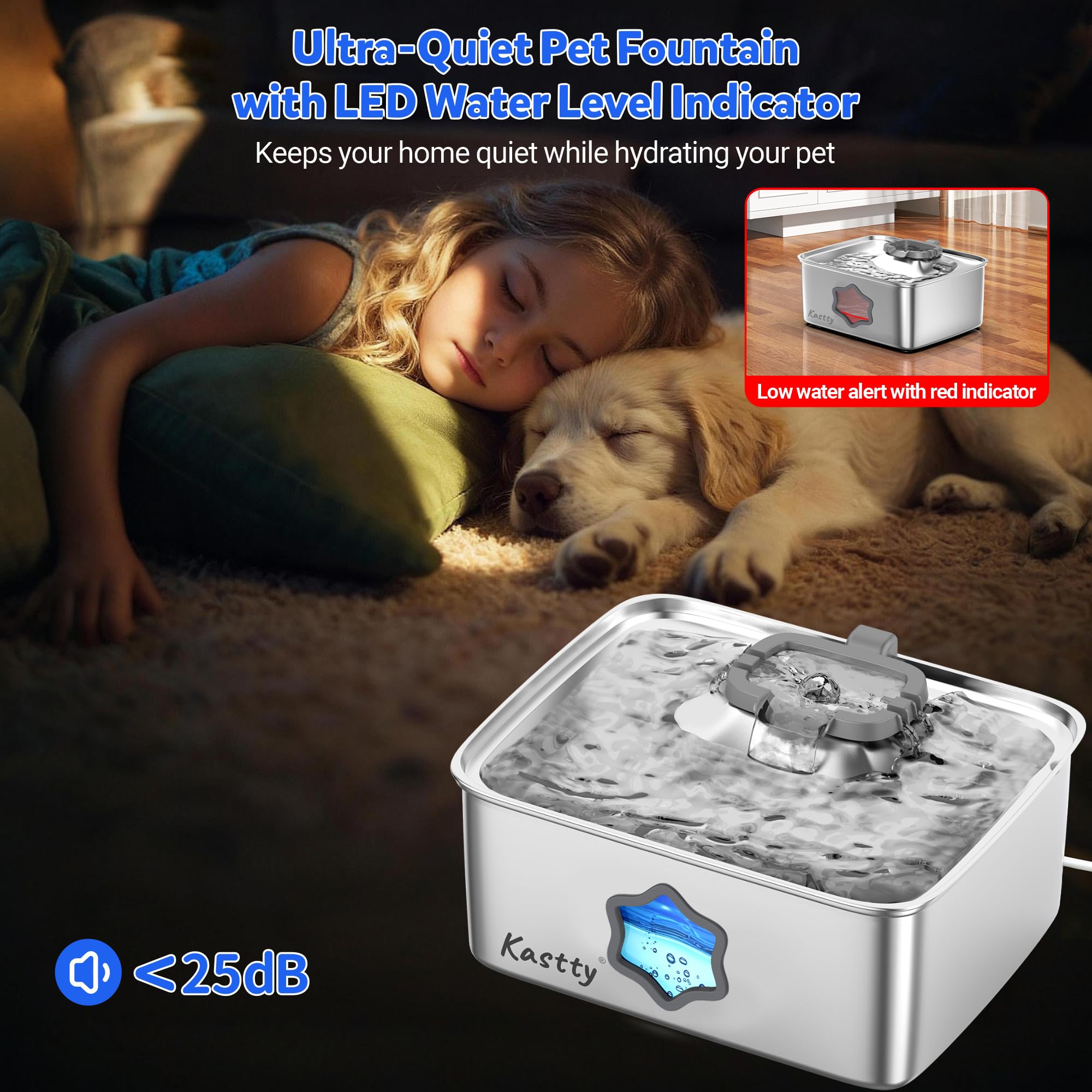 Kastty 15L/4 Gal Hund Wasserbrunnen, 5-stufige Filtration Edelstahl Hund Wassernapf Spender, Super Leise Haustier Wasserbrunnen, mit Wasserfenster & LED, für Große Hunde und Multi-Pet(FS81)
