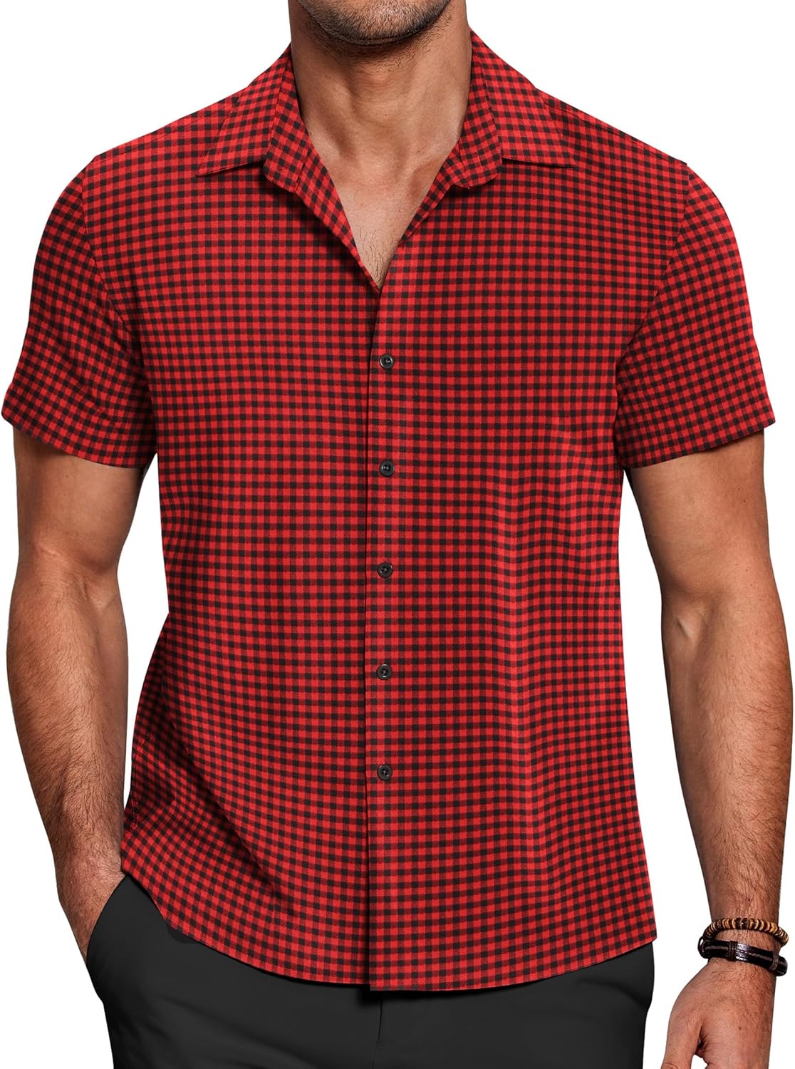 COOFANDY Mens Short Sleeve Button Down Shirt Plaid Button Up Shirts Casual 75% Cotton Work Shirts