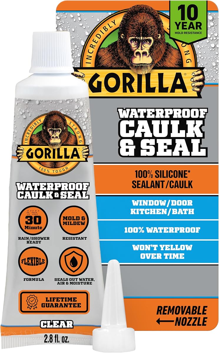 Gorilla 100% silicona masilla, sellador impermeable, tubo exprimible de 2.8 oz, transparente | Resistente al moho durante 10 años, listo para la exposición al agua en 30 minutos, funciona en múltiples superficies