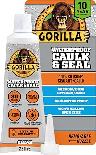 Gorilla 100% Silicone Caulk Clear Waterproof Sealant 2.8oz Squeeze Tube - 10 Year Mold Resistant for Kitchen Bath Windows Doors Marine
