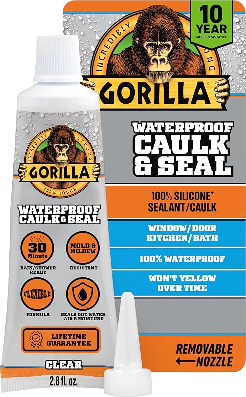 Gorilla 100% silicona masilla, sellador impermeable, tubo exprimible de 2.8 oz, transparente | Resistente al moho durante 10 años, listo para la exposición al agua en 30 minutos, funciona en múltiples superficies