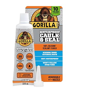 Gorilla 100% Silicone Caulk, Waterproof Sealant, 2.8oz Squeeze Tube Pack of 1 Clear -10 Year Mold Resistant Kitchen, Window, Bath, Marine, Door and More