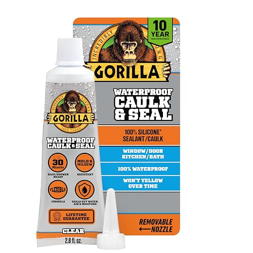 Gorilla 100% Silicone Caulk, Waterproof Sealant, 2.8oz Squeeze Tube, Clear | 10 Year Mold Resistant, Ready for Water Exposure in 30 Minutes, Works on Multiple Surfaces