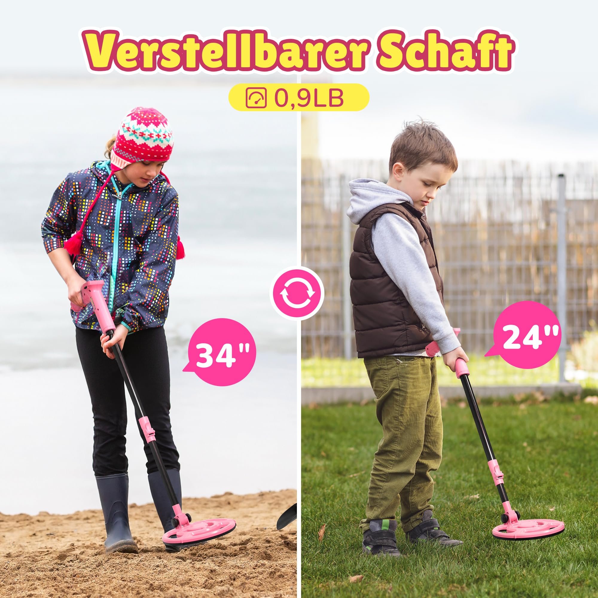 Metalldetektor Kinder, über USB Aufladbarer Kinder Metalldetektor mit Einfachem Display, 7,36" Plus-Suchspule, 24"-34" Verstellbare, Outdoor-Spielzeug für Kinder von 8 bis 12 Jahren, Rosa