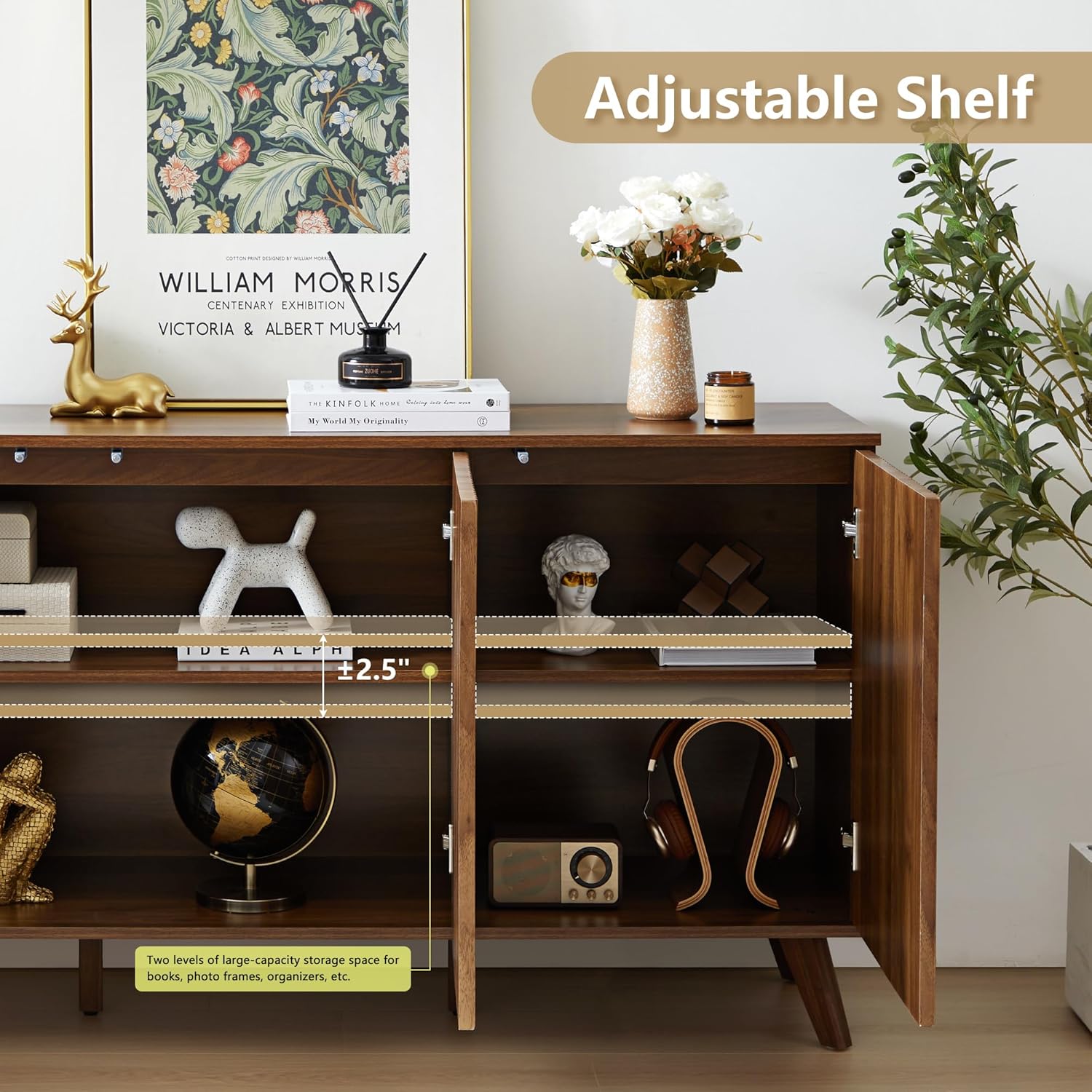 Image showing the adjustable shelf feature inside the cabinet, indicating two levels of storage and the 2.5 inch adjustment range.