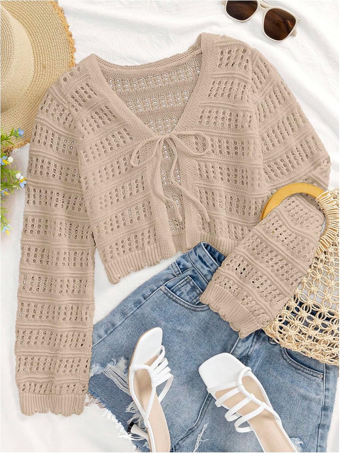 SHENHE Women's Tie Front Hollow Out Cover Up Summer Boho Knit Cardigan Crop Tops - Image 5