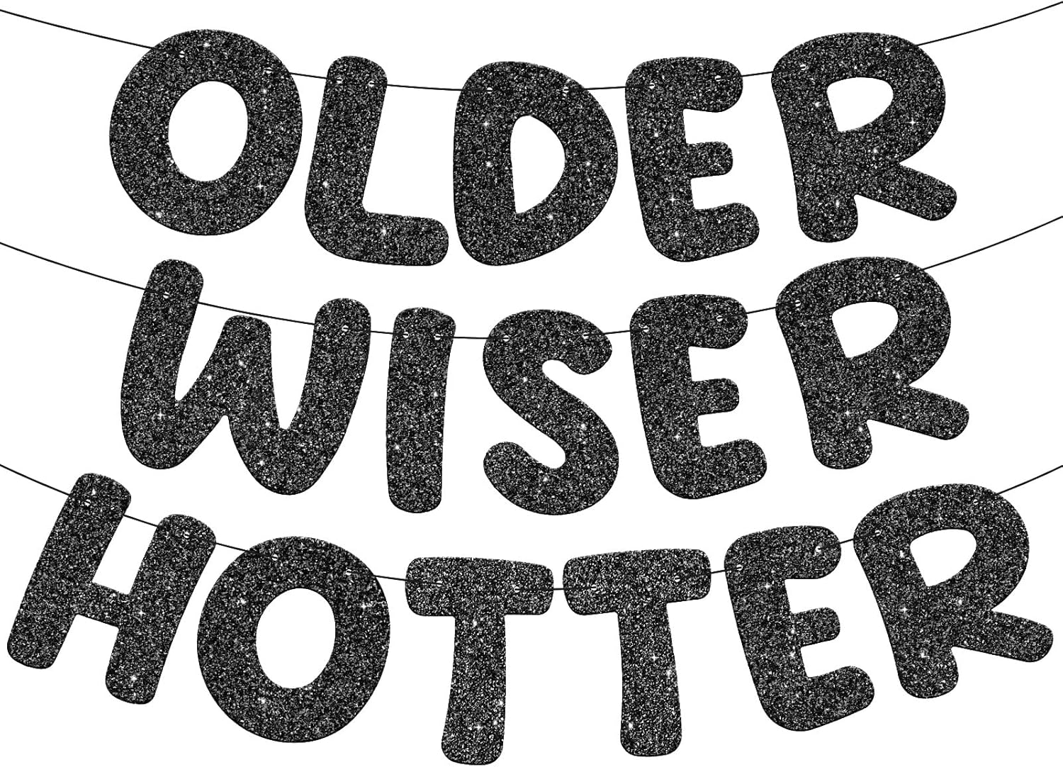 Black Glitter Pre-Strung Banner, Older Wiser Hotter Banner, Funny Birthday Banners for Men and Women 30th 40th 50th 60th 70th 80th Birthday Party Decorations