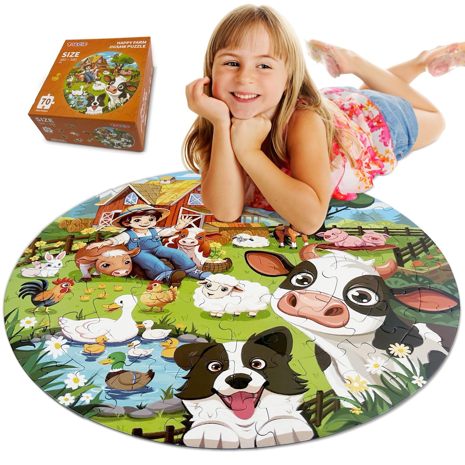TALGIC Puzzles for Kids Ages 4-6, 70 Piece Educational Round Floor Puzzles for Kids Ages 3-5, Toddler Farm Puzzles with Animals & Barn, Popular Preschool Toys & Gift Kids Puzzles Ages 3 4 5 6 7 8 9 10