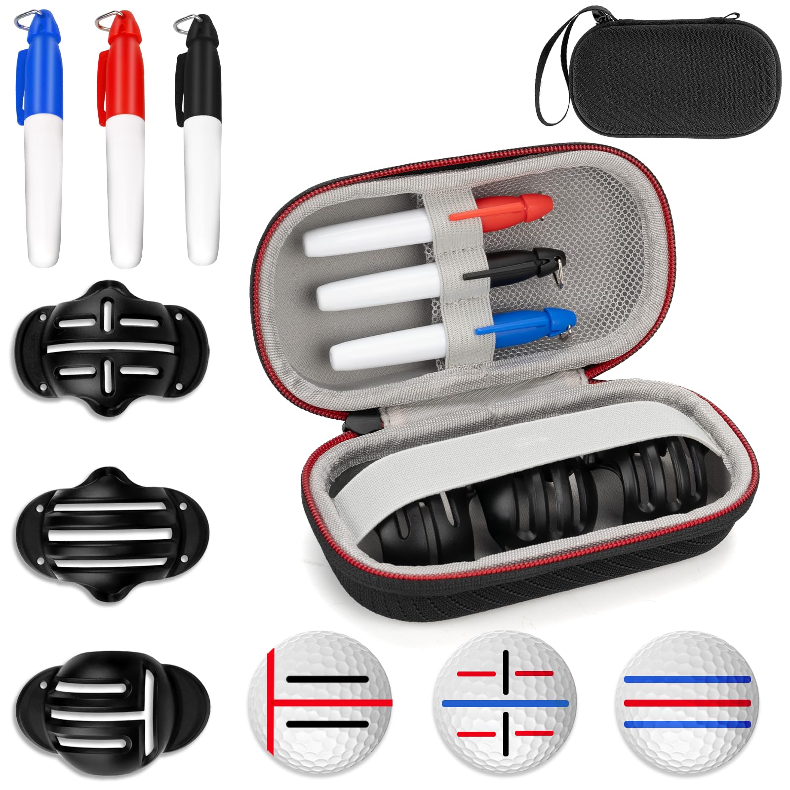 6 Pack Golf Ball Line Marker Tool with Travel Case, 3 Patterns Golf Ball Marker Line Drawing Golf Ball Pens & 3 Golf Ball Marker Stencil, Golf Ball Alignment and Identification Tool for The Golfer