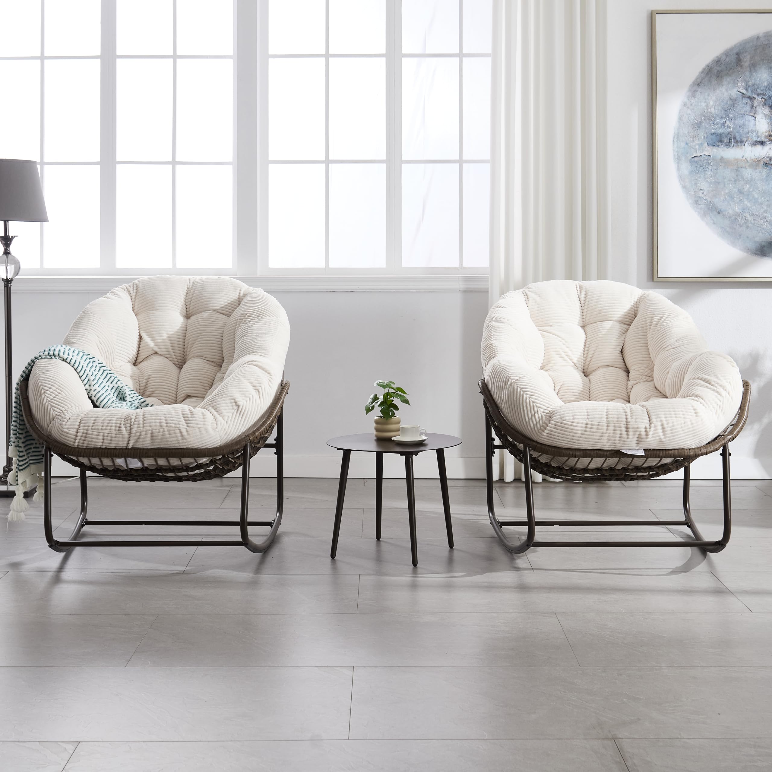 Generisch Rattan fotel bujany, biały, ręcznie tkany, tapicerowany z oparciem, nośność 113 kg, ergonomiczny fotel bujany do ogrodu, na taras, do salonu, przedniego wejścia