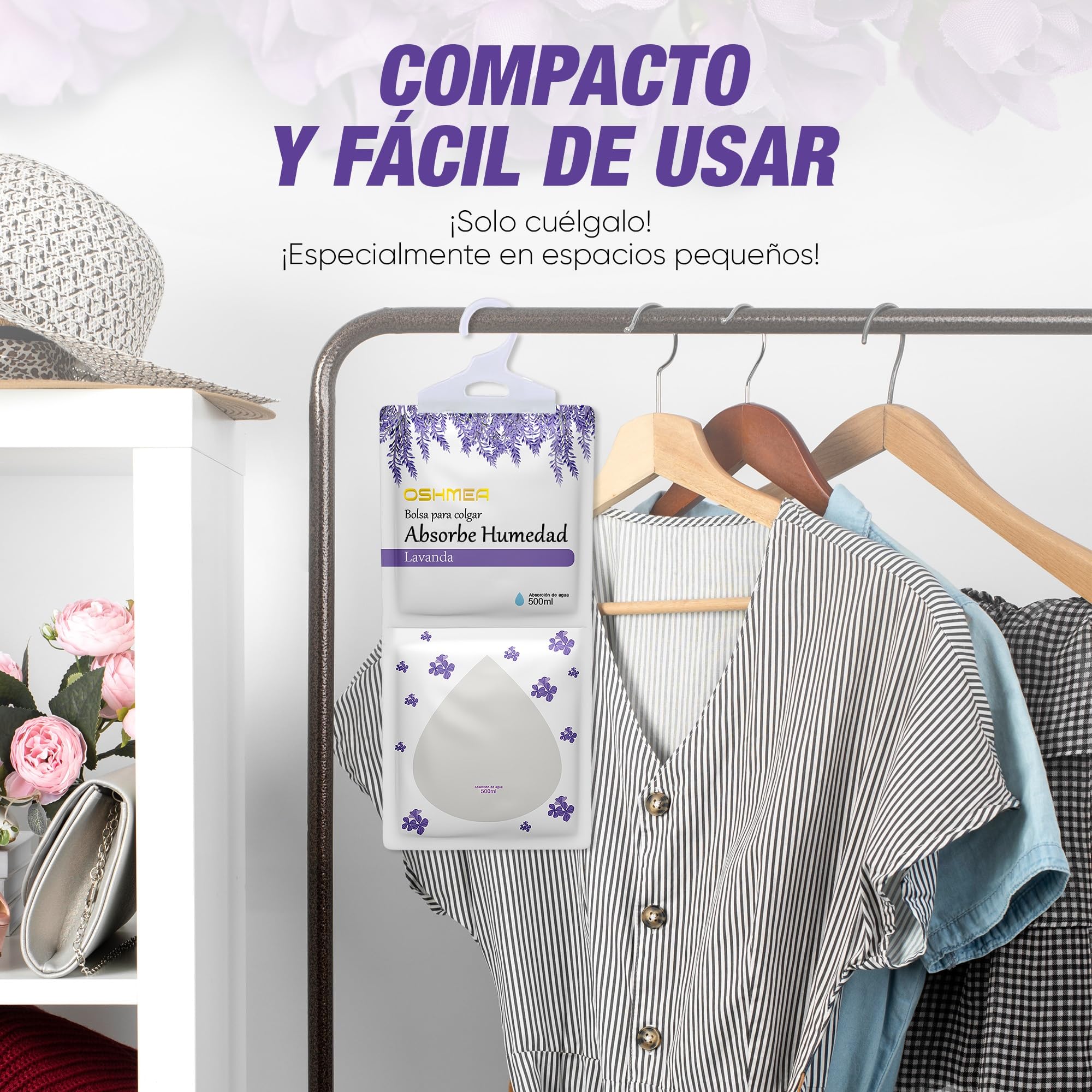 Pack 10 Bolsas Antihumedad PREMIUM de 500ML Función 2 EN 1 Deshumidificador Armario con Aroma Lavanda. Bolsas Absorbentes de Humedad y Condensación. Quita Moho y Olores en Armarios, Ropa, Casa