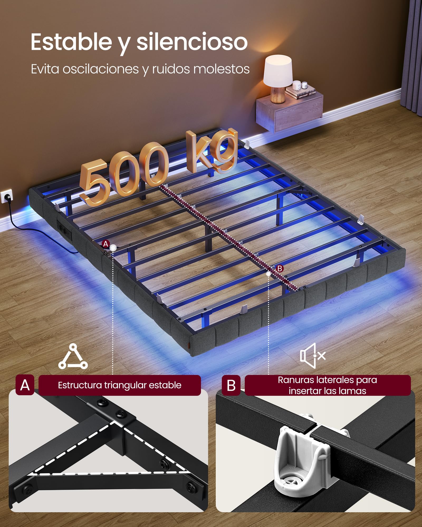 VASAGLE Marco de Cama Flotante, 140 x 200 cm, Bordes Acolchados, LED, 2 Tomas de Corriente, 1 Puerto USB-A, 1 Puerto USB-C, 1 Puerto USB-A Posterior, Carga de 500 kg, Gris Pizarra RMB164G101