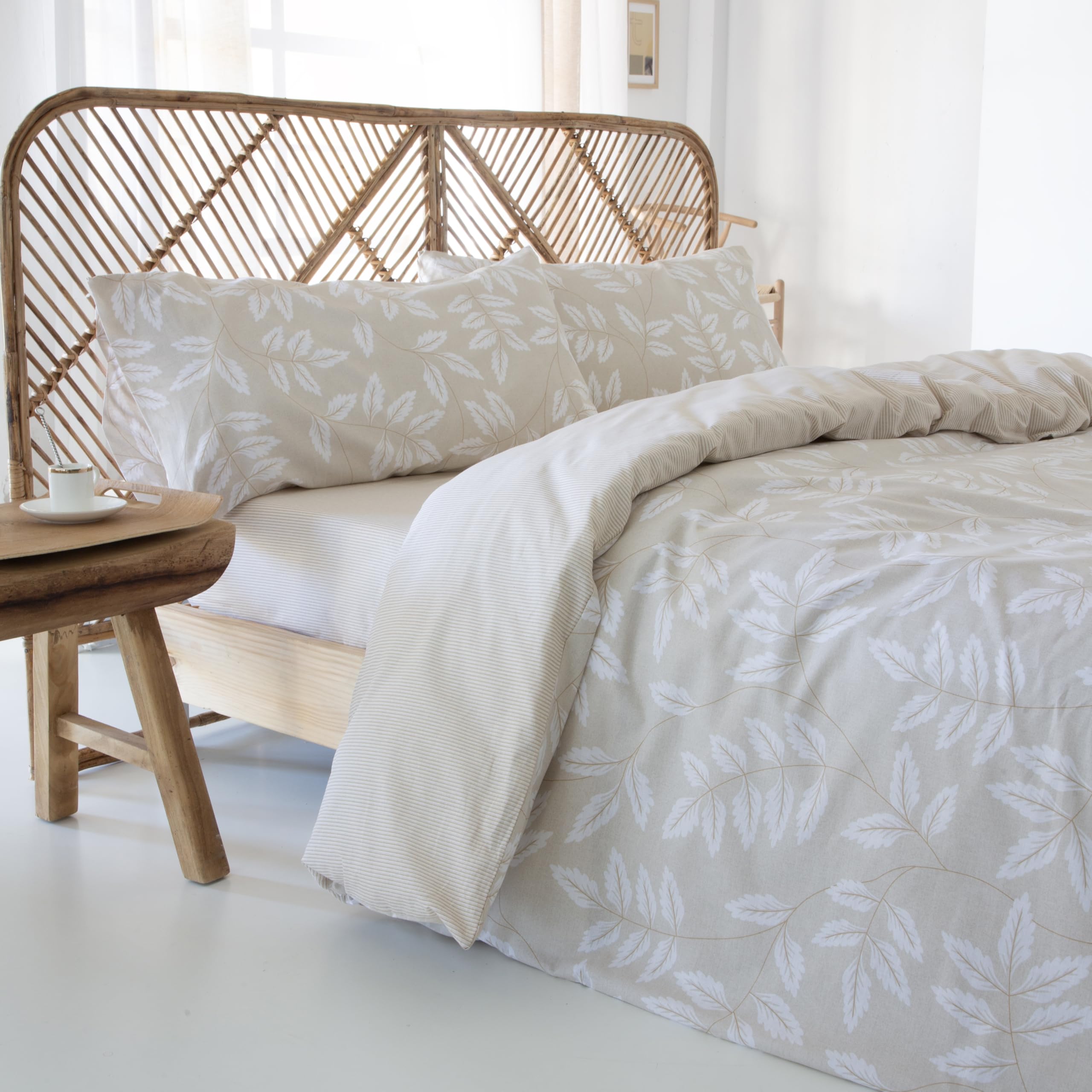 COTTON ARTean Funda nordica Cama 90 ALGODÓN ORGANICO BATAN Beige | Incluye 3 piezas: F. Edredón 150x220 + 1 F. de Almohada+ sábana bajera ajustable Cierre Botones. Certificado OEKO-TEX y GOTS
