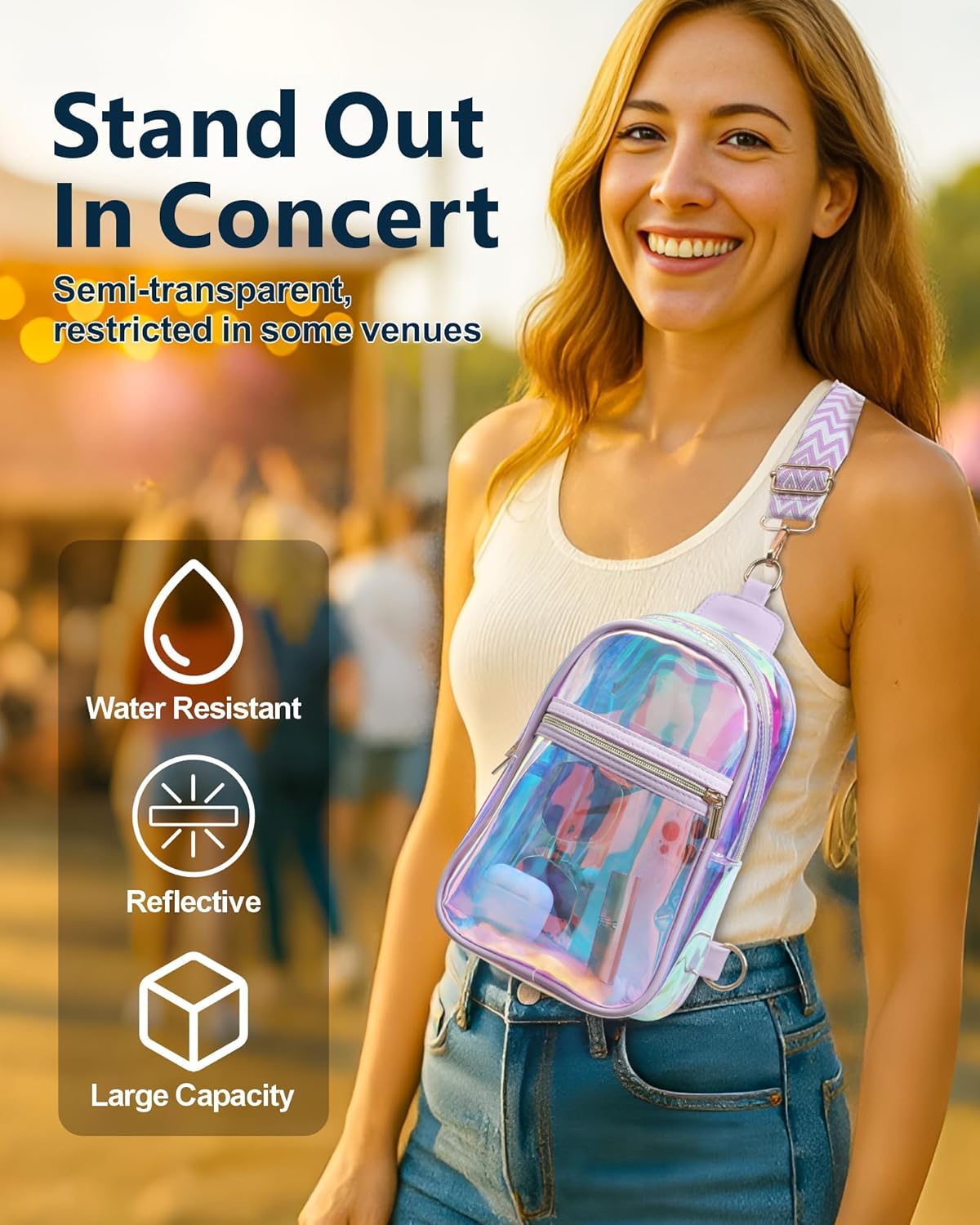 PACKISM Semi-Transparent Holographic Sling Bag for Women - Fashion Purse Iridescent Crossbody Bag for Music Festivals Raves with Jacquard Strap, Pink (Check Venue Rules Beforehand) - Image 4